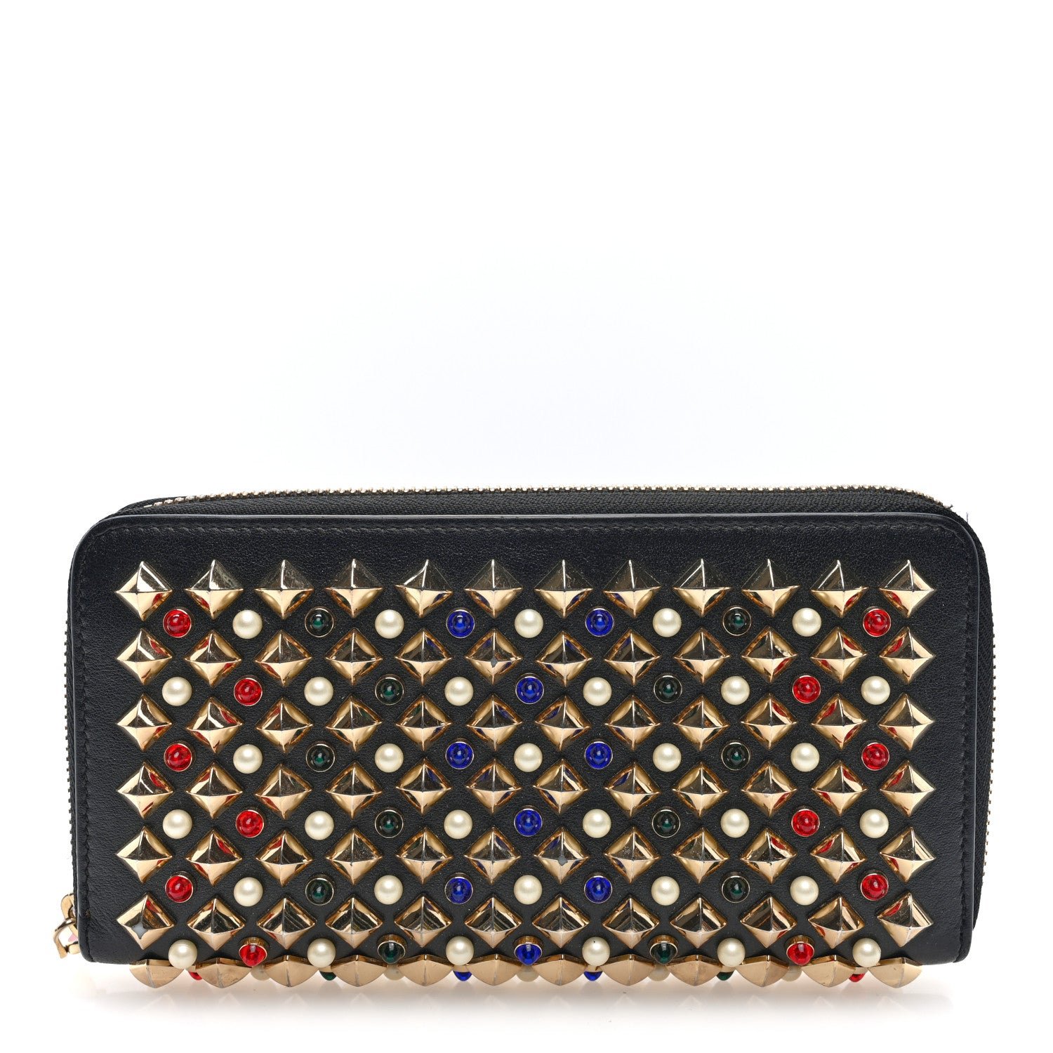 Christian Louboutin Calfskin Panettone Spiked Zip Around Wallet Black Multicolor