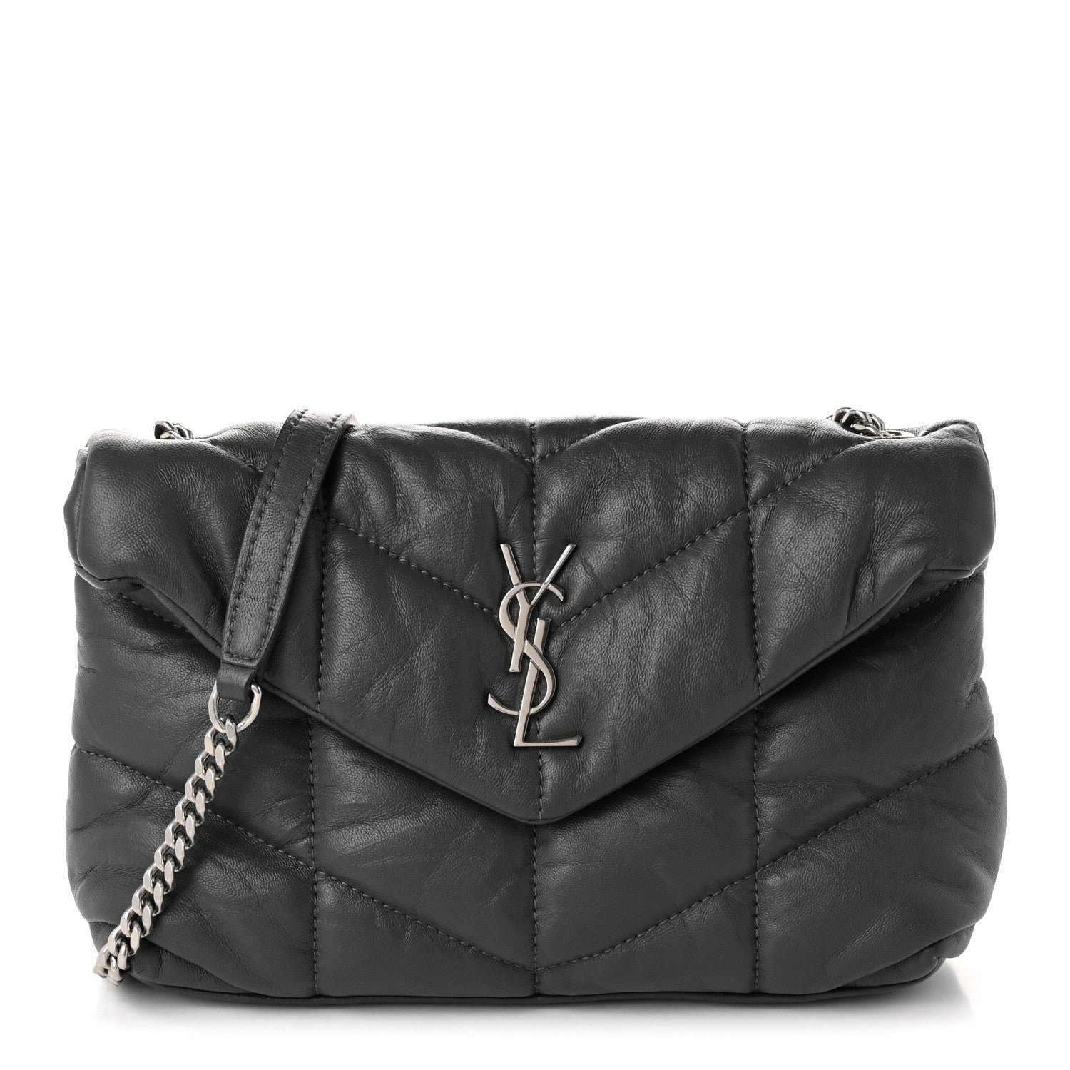 Saint Laurent Lambskin Quilted Toy Loulou Puffer Monogram Chain Satchel Fog