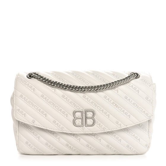 Balenciaga Calfskin Logo Matelasse M BB Chain Shoulder Bag Blanc Neige