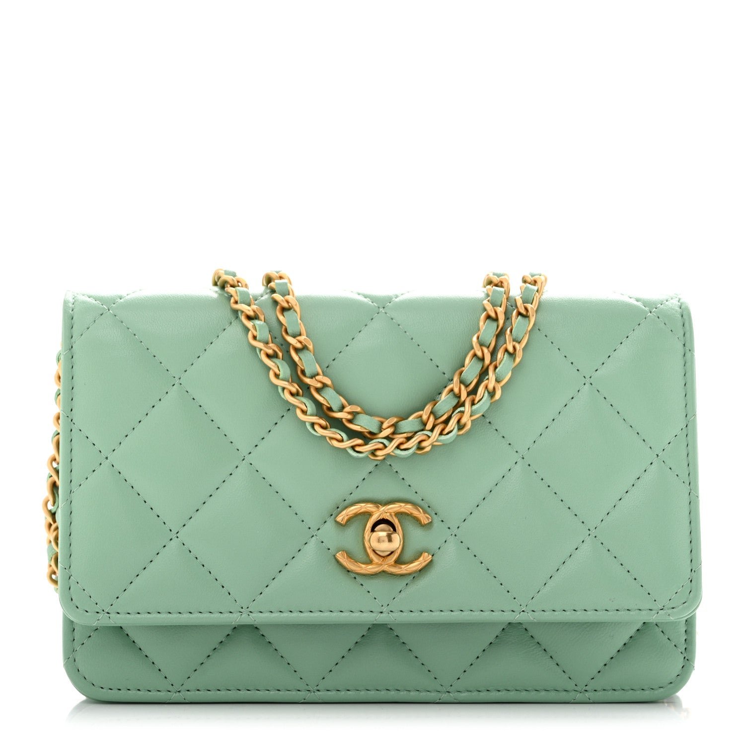 Chanel Lambskin Quilted Logo WOC Wallet On Chain Green