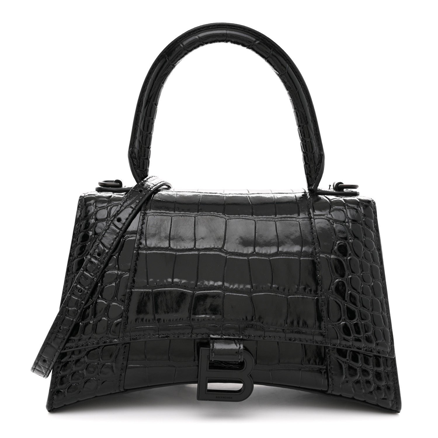 Balenciaga Shiny Calfskin Monochrome Crocodile Embossed Small Hourglass Top Handle Bag Black
