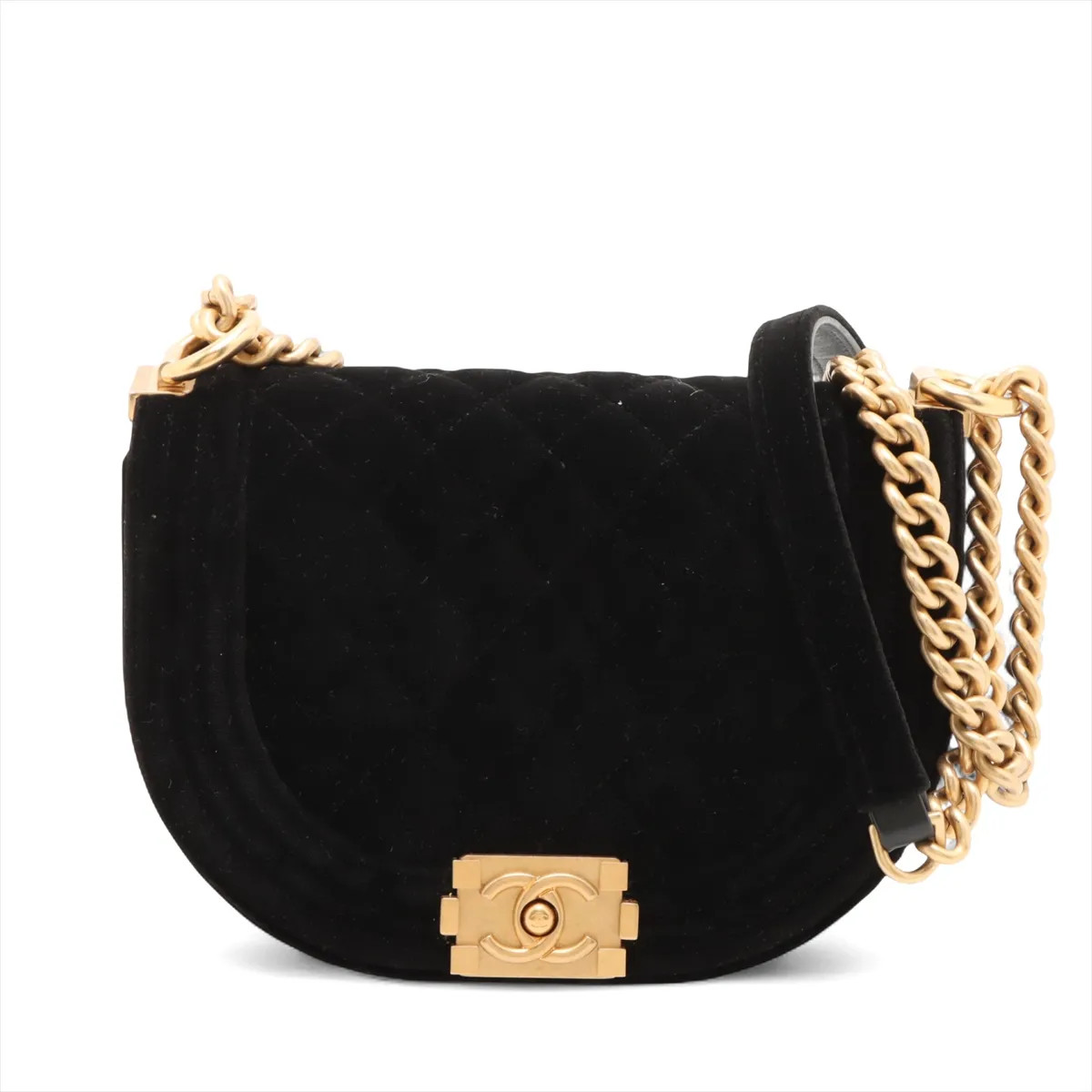 Chanel Boy Chanel Velour Chain Shoulder Bag Black Gold Metal Fittings random pla