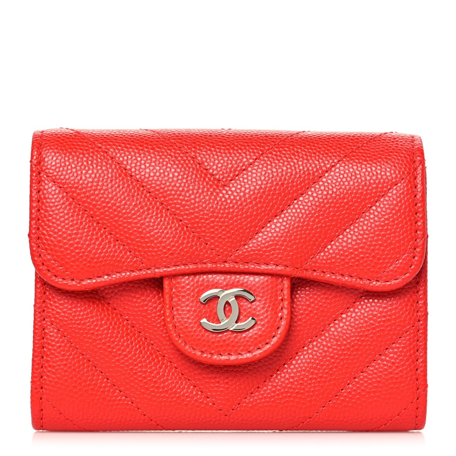 Chanel Caviar Flat Chevron Quilted Flap Card Holder Pink
