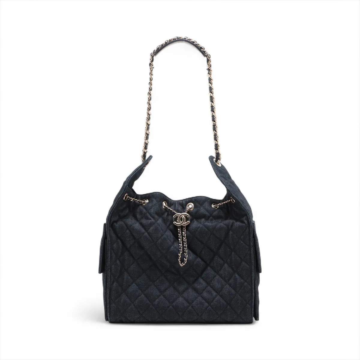 Chanel Chanel 25 Medium Denim Chain Shoulder Bag Navy Blue Gold Metal Fittings r