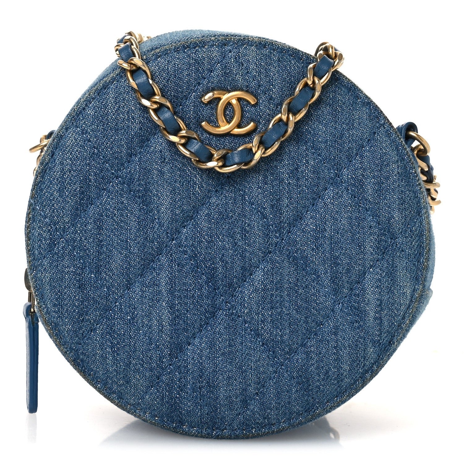 Chanel Denim Quilted Round Pearl Crush Clutch With Chain Blue