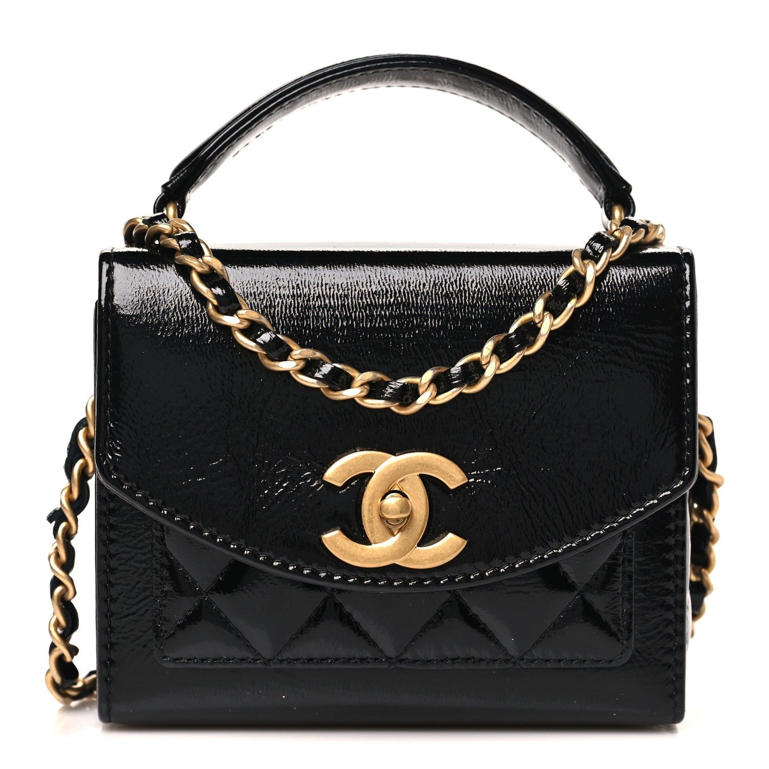 Chanel Shiny Lambskin Quilted Top Handle Card Holder On Chain Black