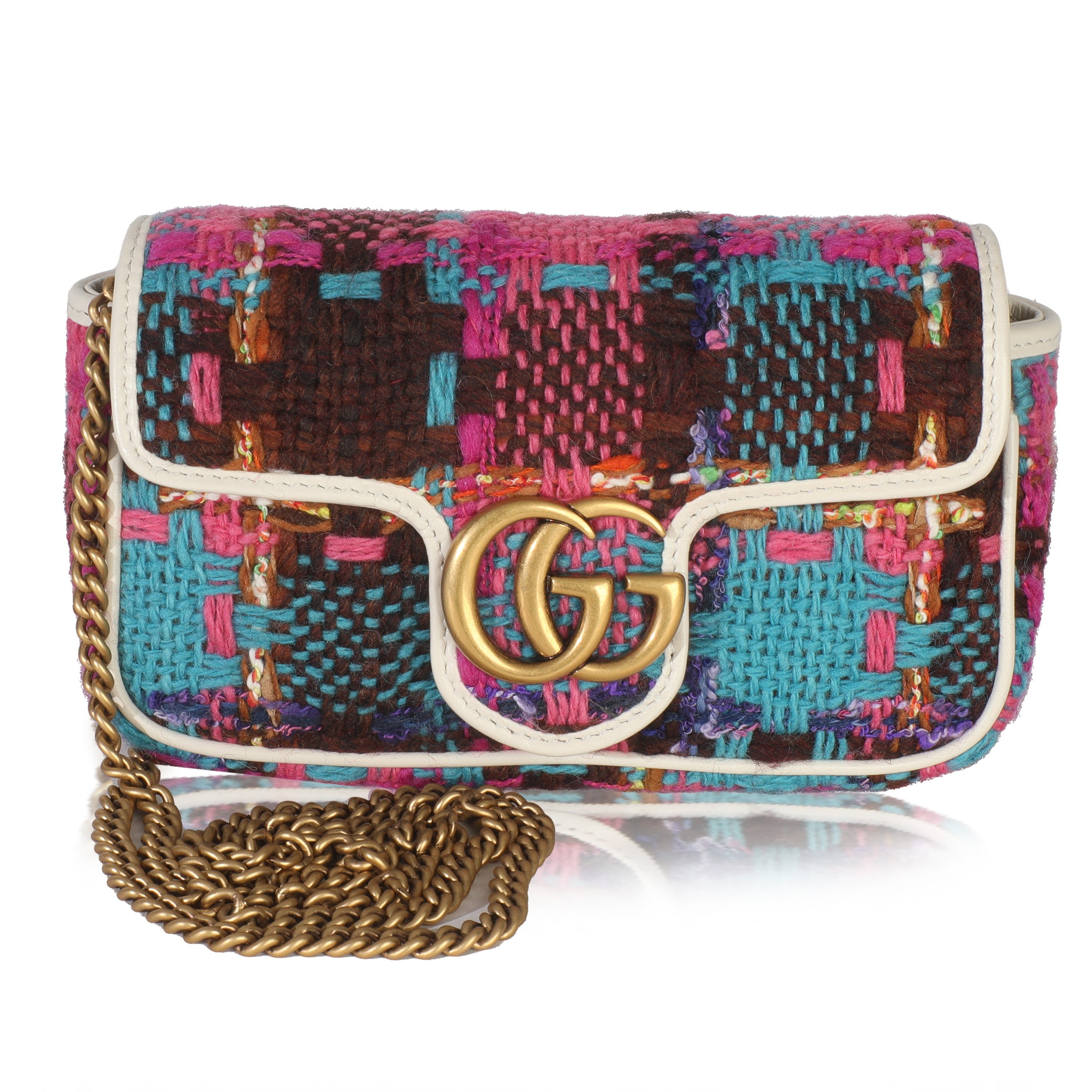 Gucci Pink Multicolor Tweed Spicy Check Super Mini GG Marmont