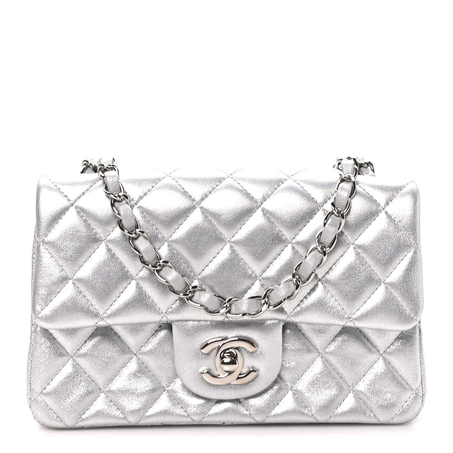 Chanel Metallic Lambskin Quilted Mini Rectangular Flap Silver