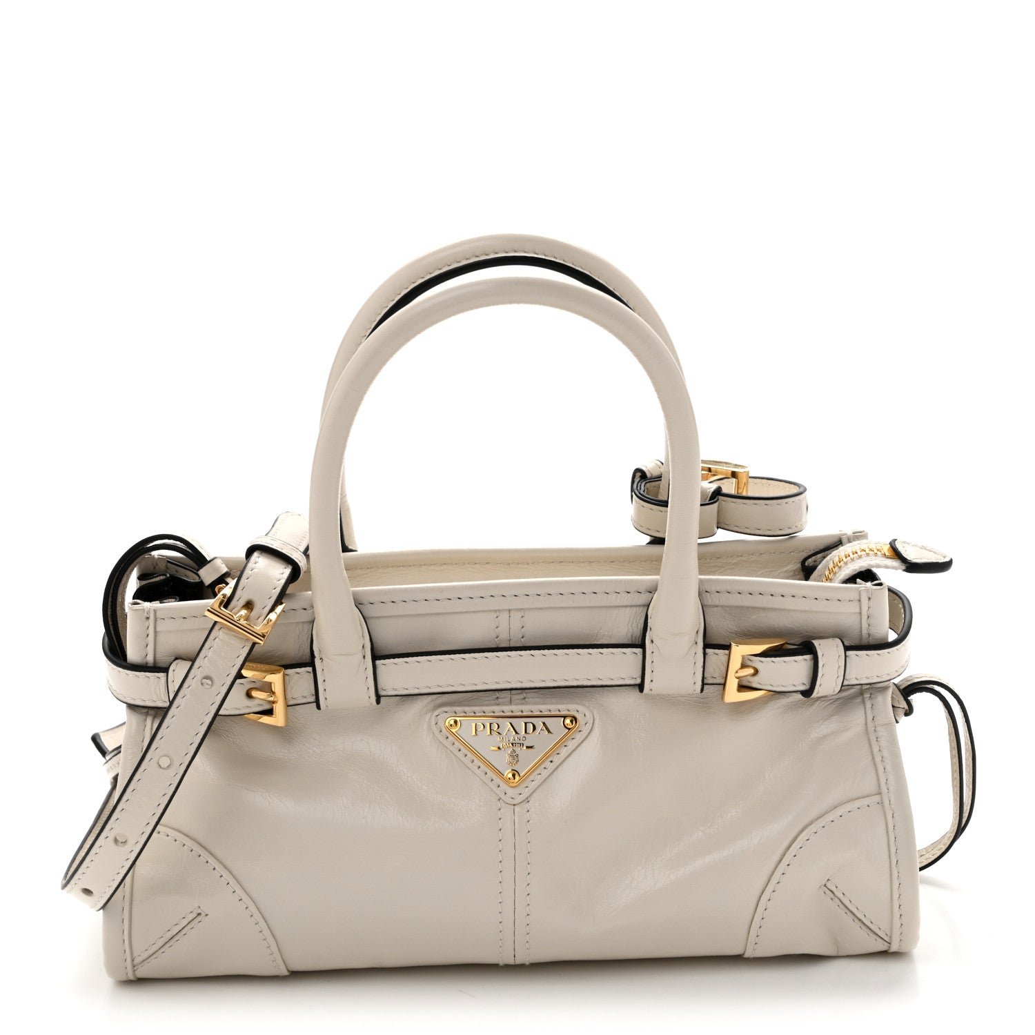 Prada Glossy Calfskin Triangle Mini Bonnie Hand Bag White