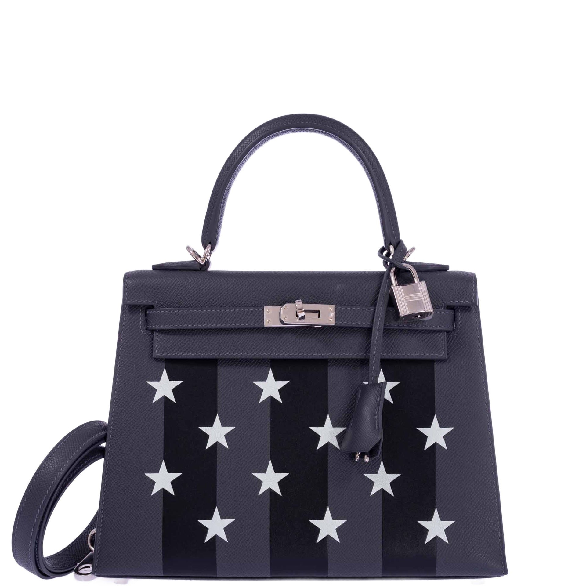 Hermes Hermès Kelly 25 Sellier Ardoise and Vert Peppermint Epsom and Black Tadelakt Casaque Etoilee Stars Palladium Hardware