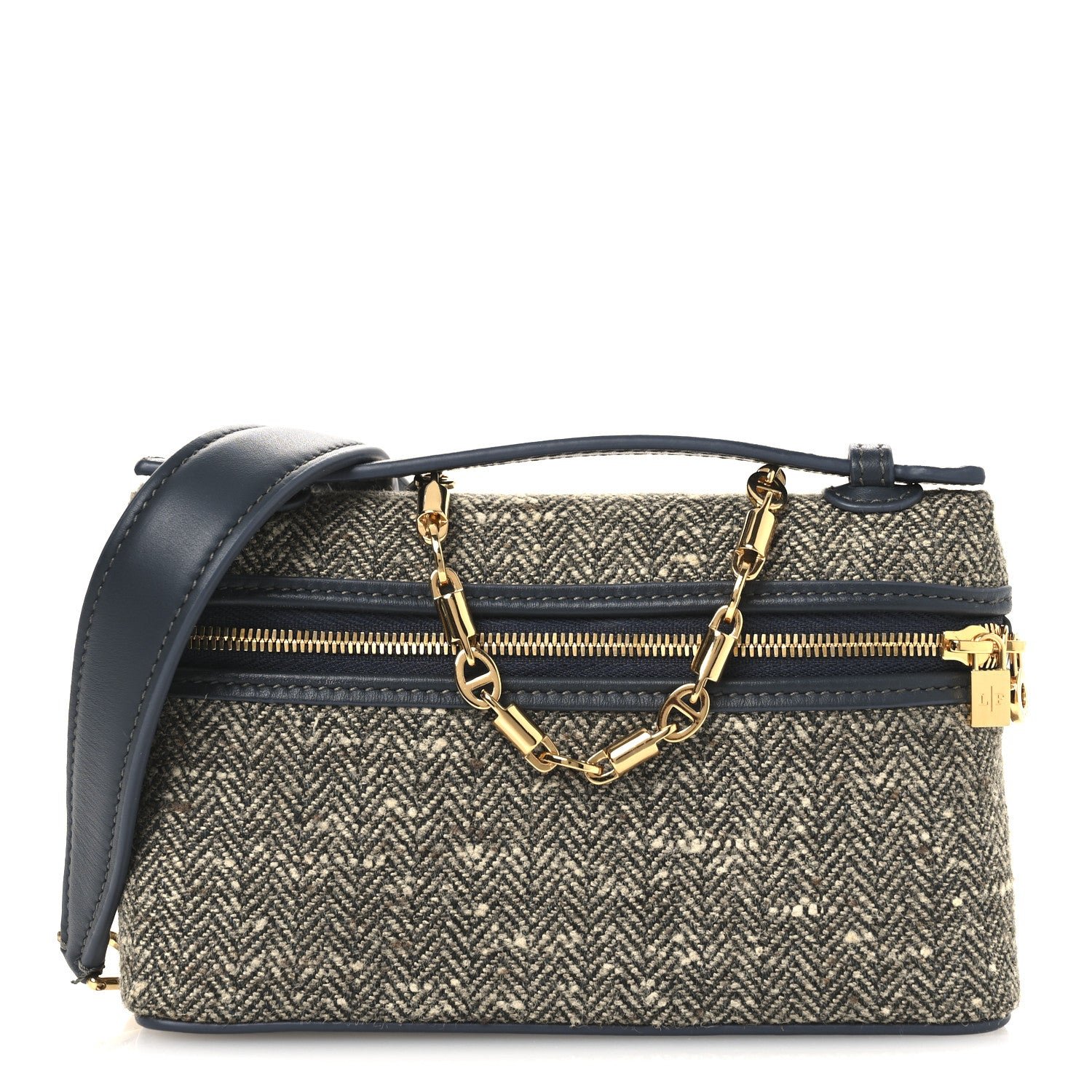 Loro Piana Virgin Wool Blend Herringbone Calfskin Extra Pocket Mini Pouch Green Sand Blue Green Sun Gold