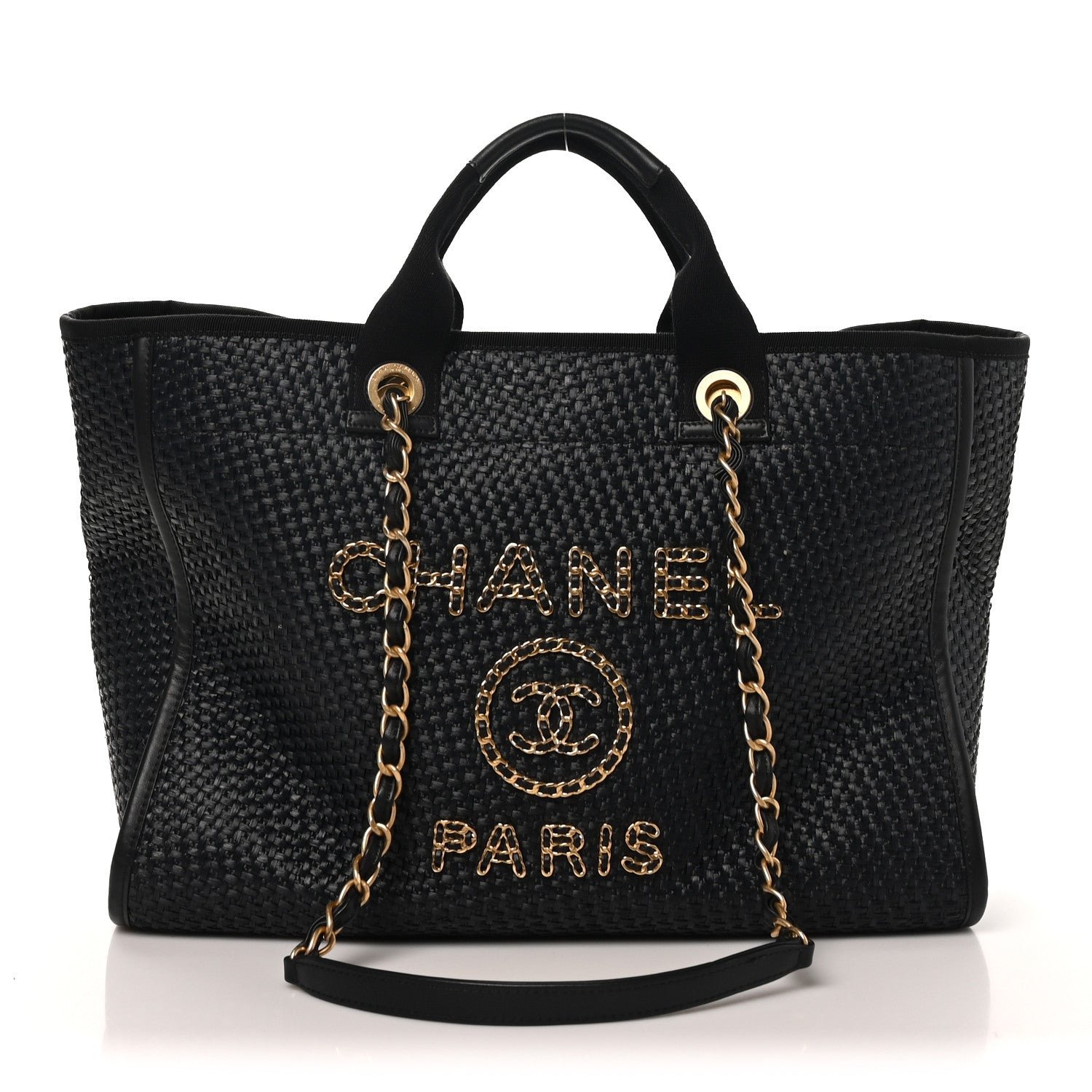 Chanel Straw Raffia Calfskin Chain Medium Deauville Tote Black