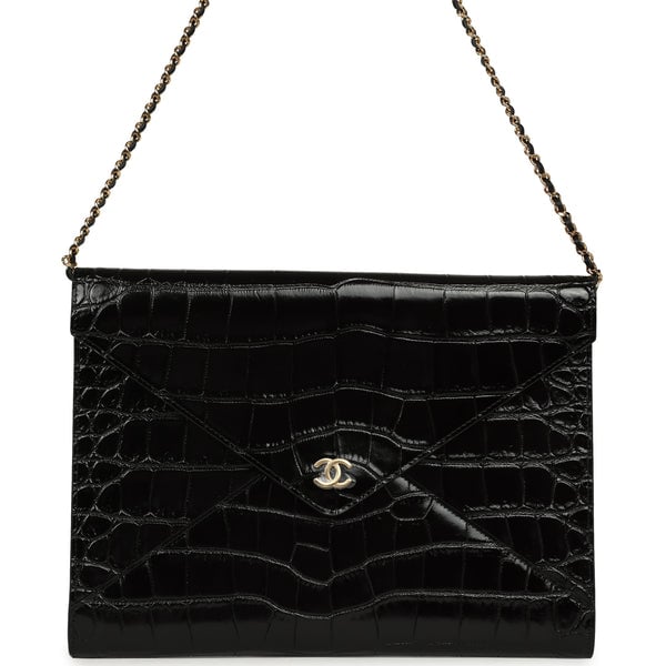 Chanel Envelope Clutch with Chain Black Croc Embossed Calfskin Gold Hardware