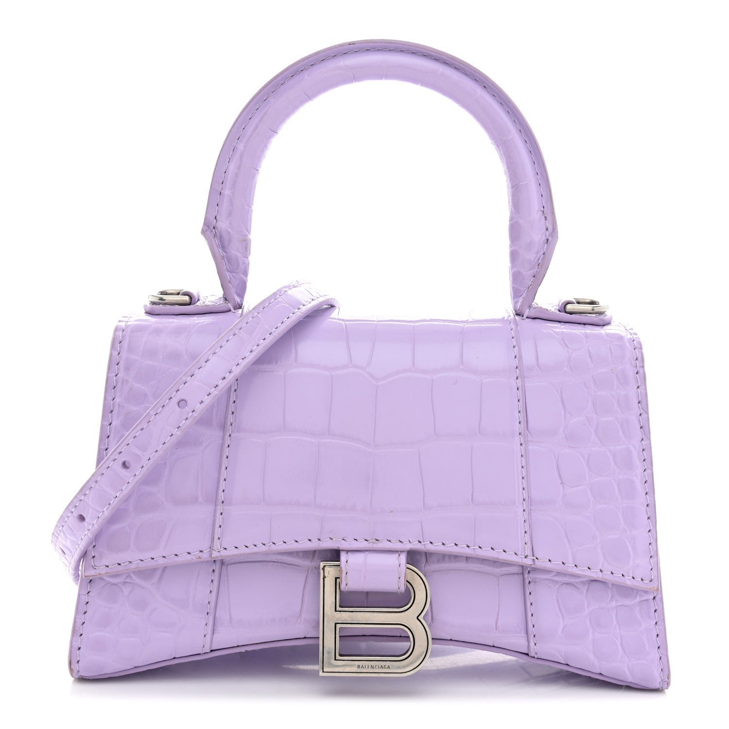 Balenciaga Shiny Calfskin Crocodile Embossed Hourglass Top Handle Bag XS Lilac