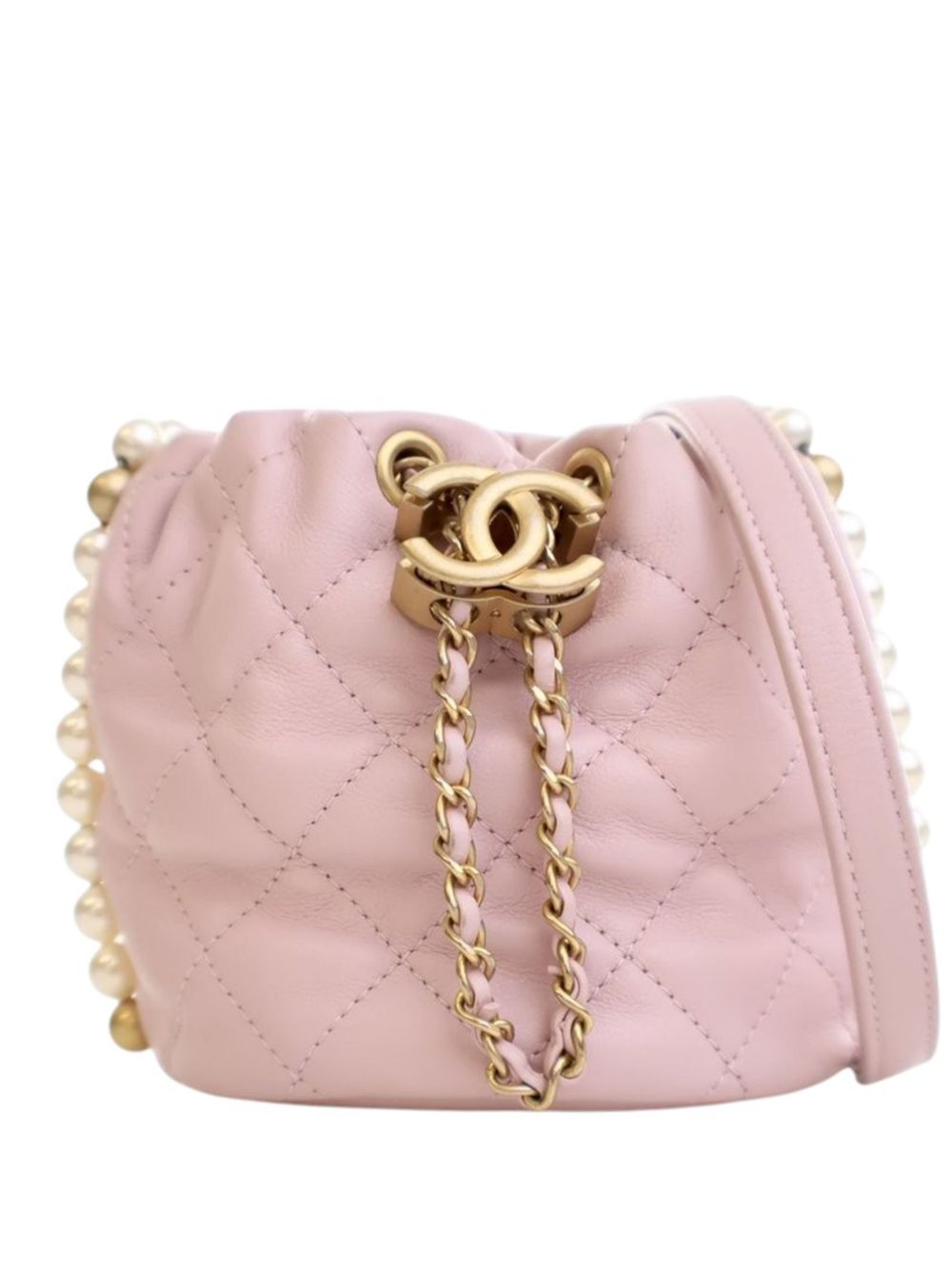 2021 Mini Quilted Calfskin About Pearls Drawstring bucket bag