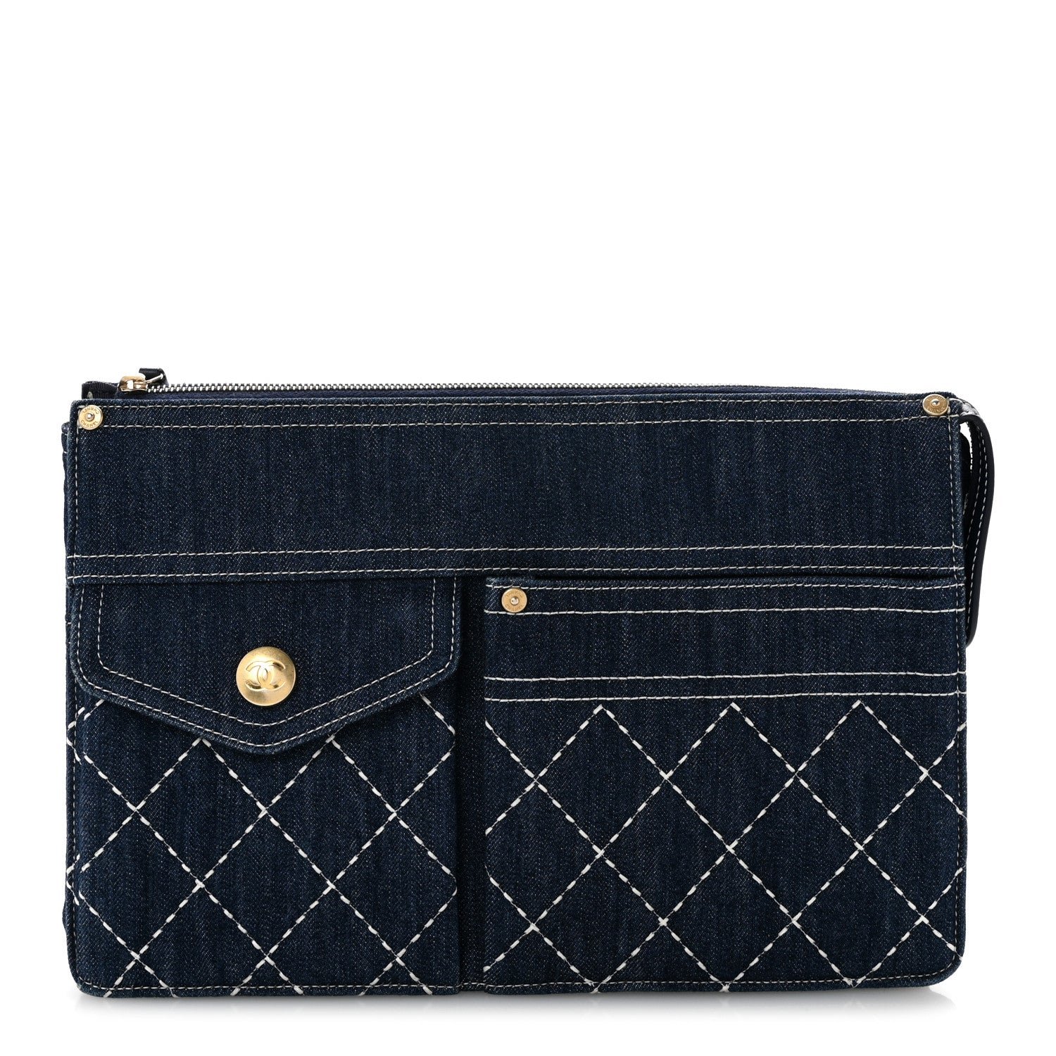 Chanel Denim Quilted Zipped Clutch Blue