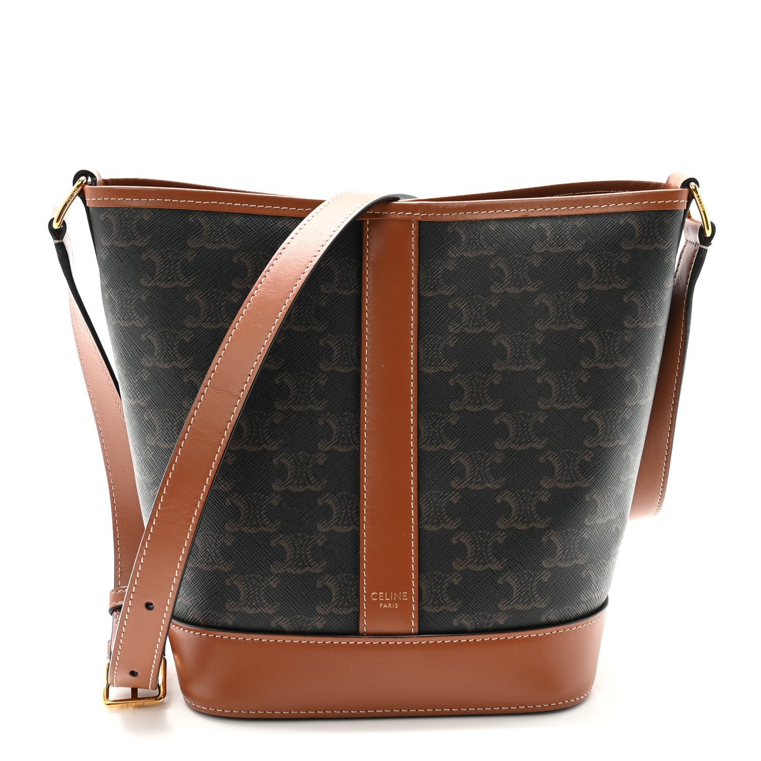 Celine Triomphe Canvas Calfskin Small Bucket Bag Tan