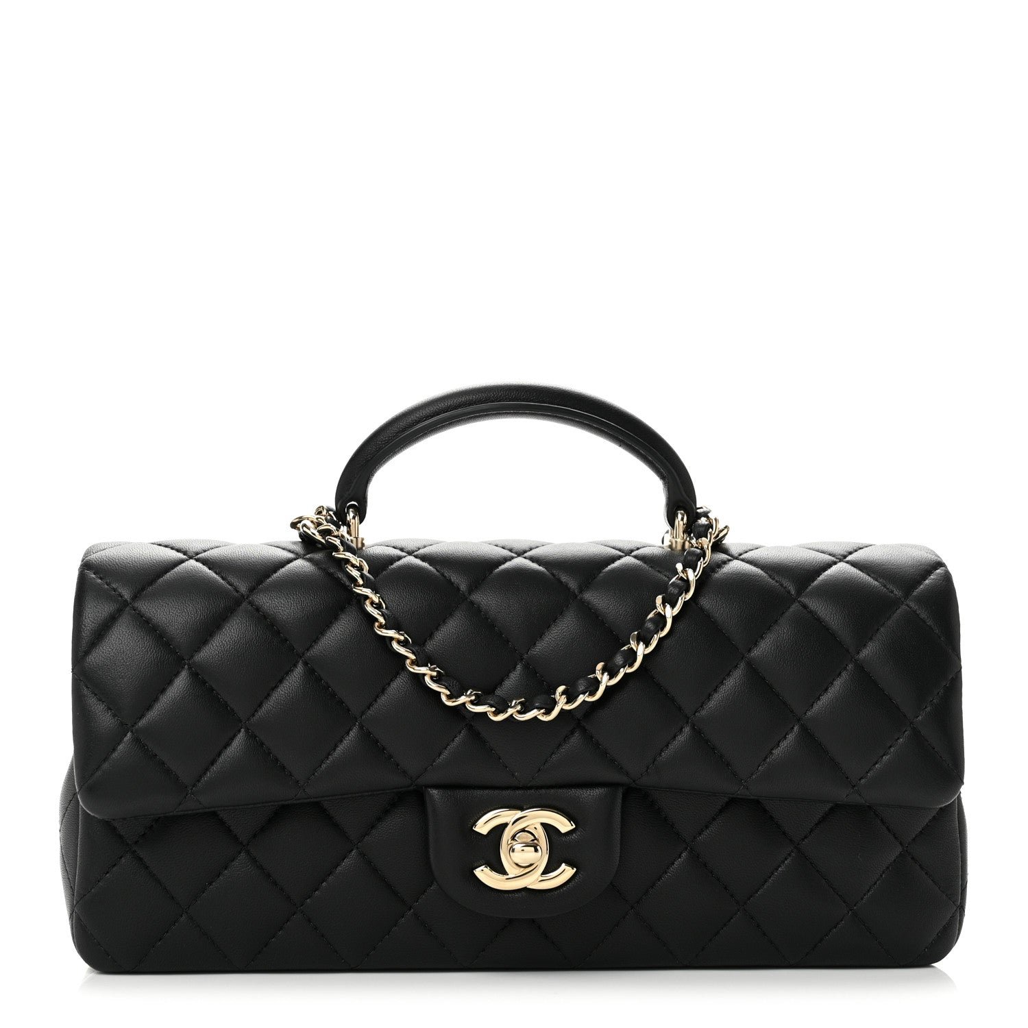 Chanel Lambskin Quilted Top Handle East West Flap Black