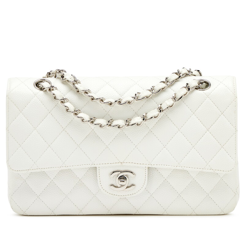 White Quilted Caviar Medium Classic Double Flap Bag Silver Hardware, 2006-2008