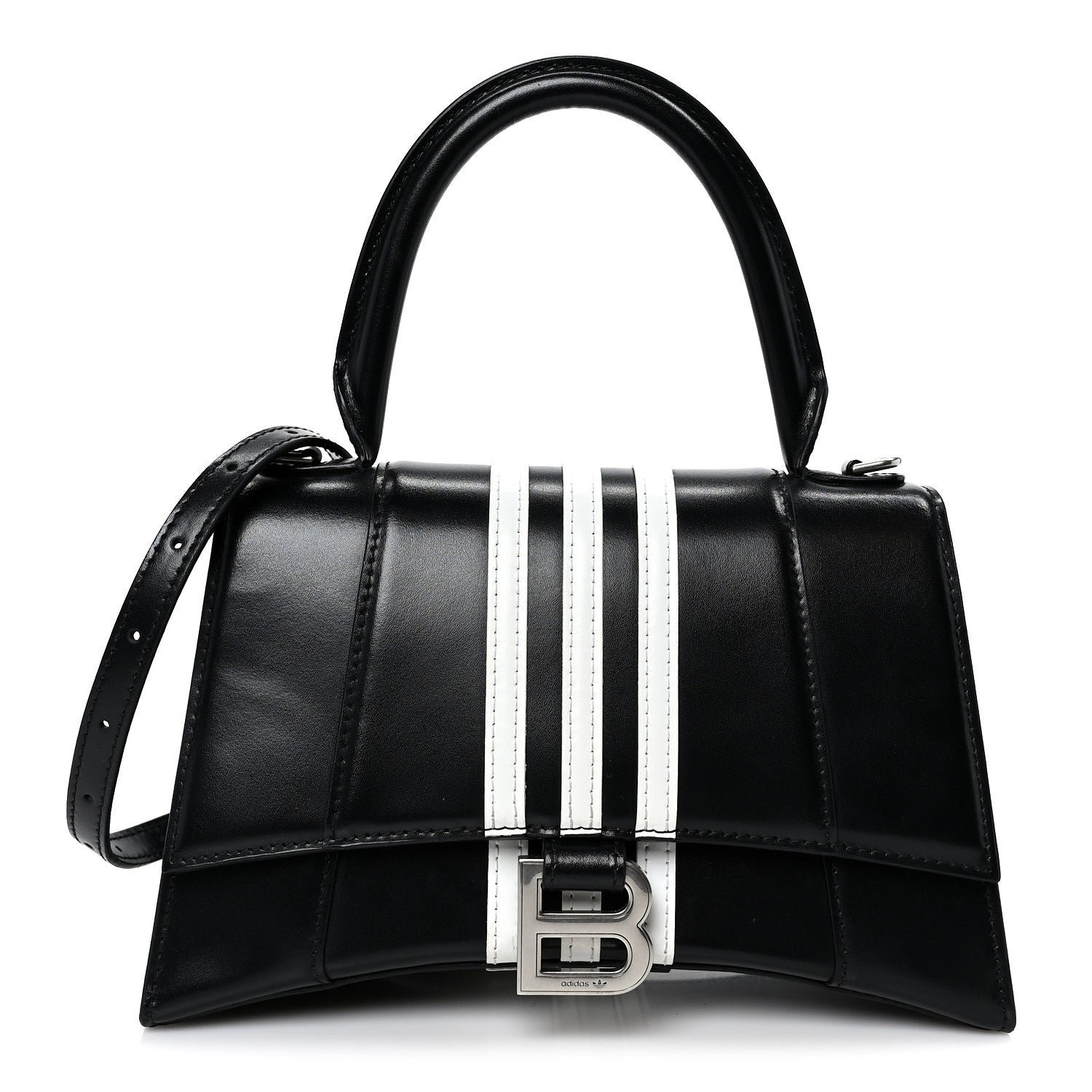 Balenciaga X ADIDAS Shiny Box Calfskin Small Hourglass Top Handle Bag Black White
