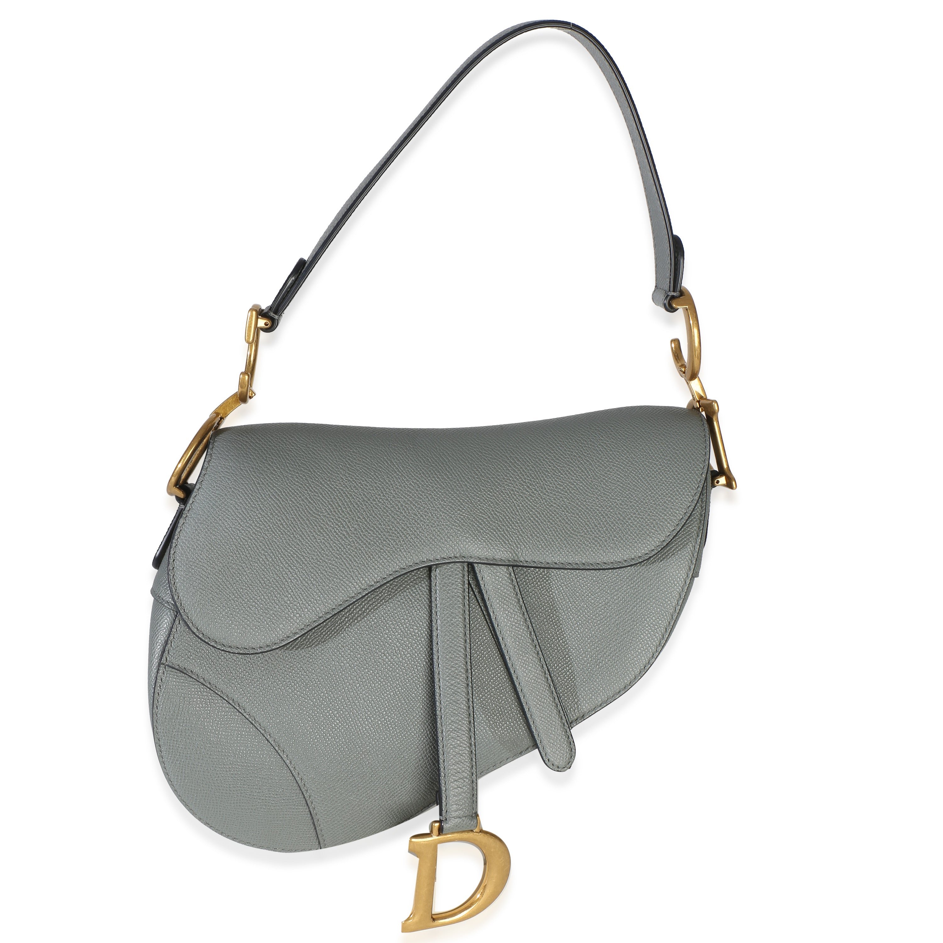 Blue Grey Grained Calfskin Medium Saddle Bag