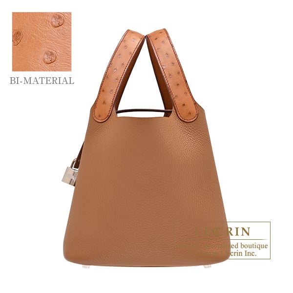 Hermes Picotin Lock Touch bag 18/PM Gold/Cognac Clemence leather/Ostrich leather Silver hardware