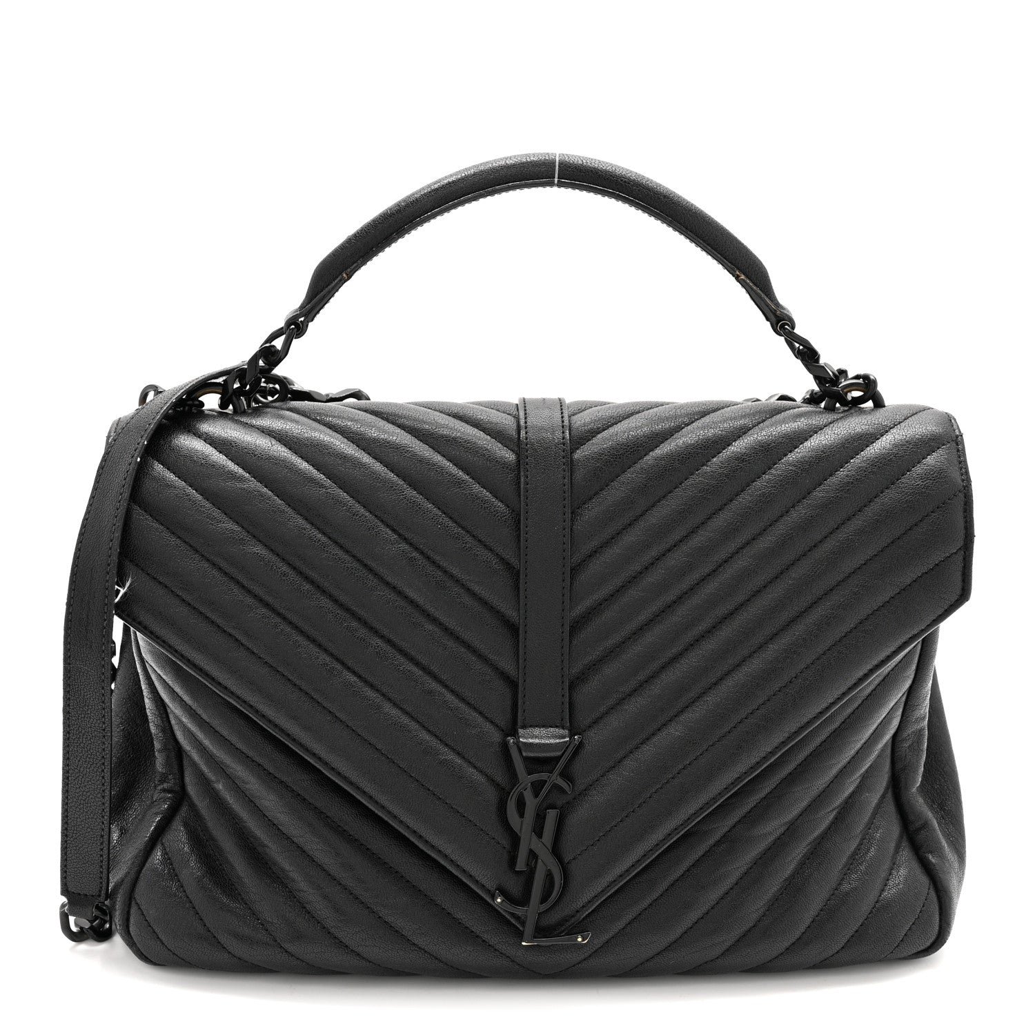 Saint Laurent Saint Laurent Sheepskin Matelasse Chevron Monogram Monochrome Large College Satchel Black