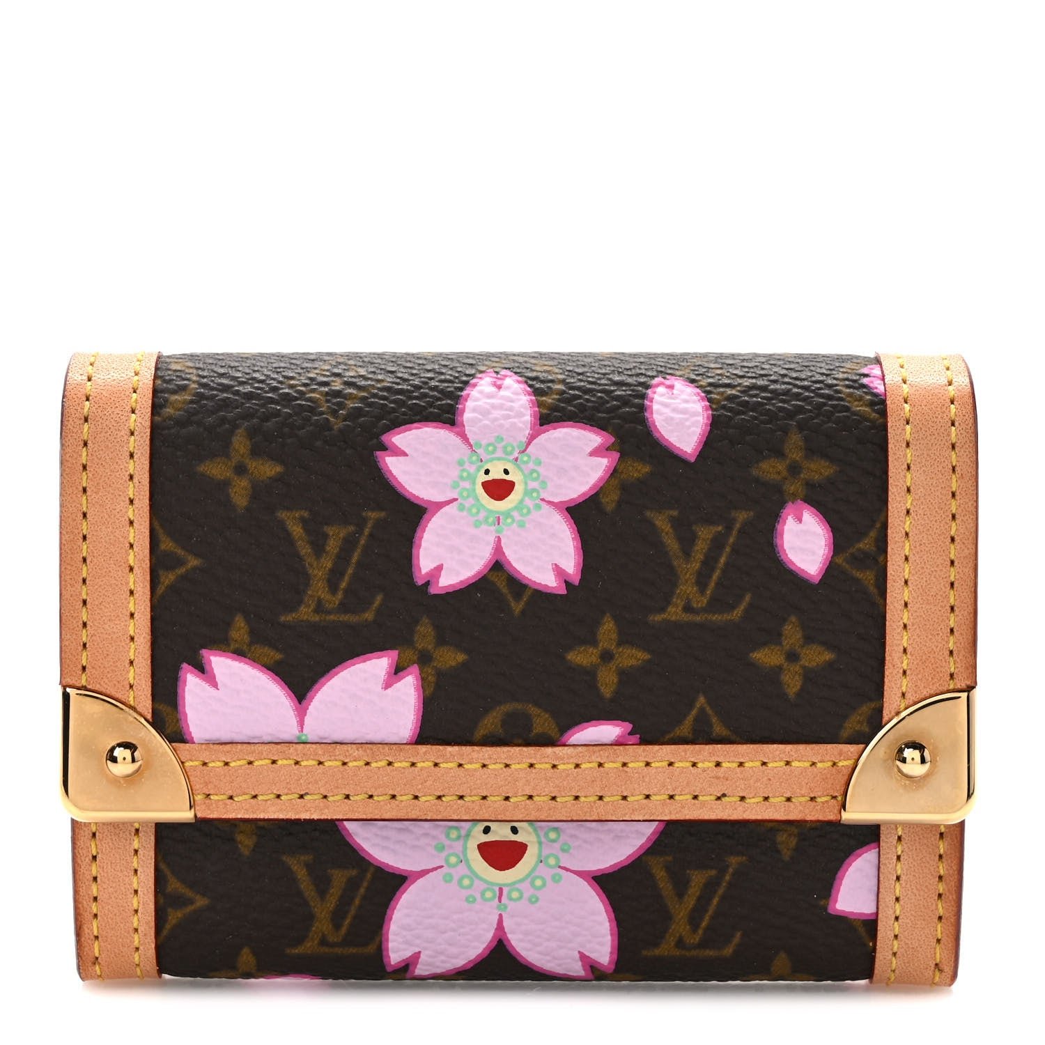 Louis Vuitton Monogram Cherry Blossom Porte-Monnaie Plat Coin Purse Brown