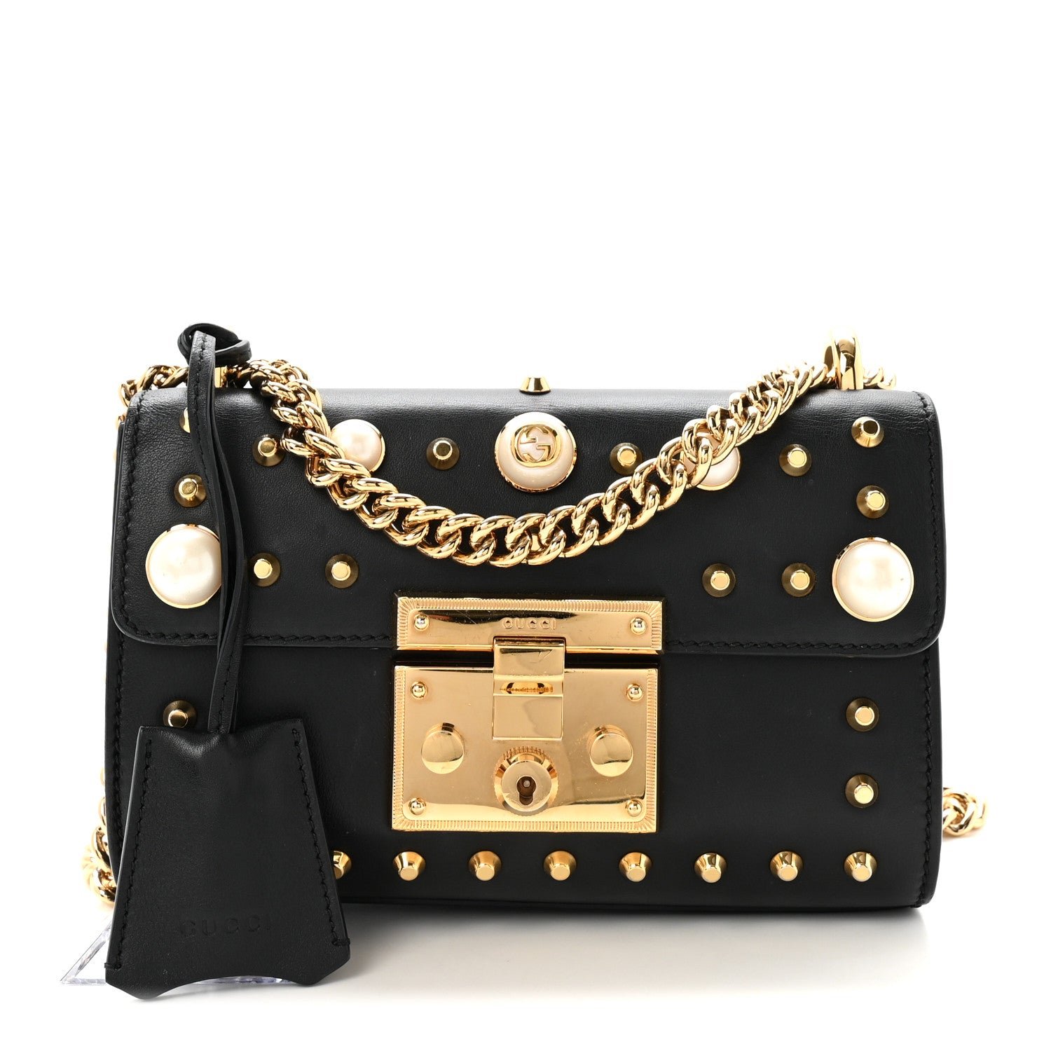 Gucci Calfskin Studded Small Padlock Shoulder Bag Black