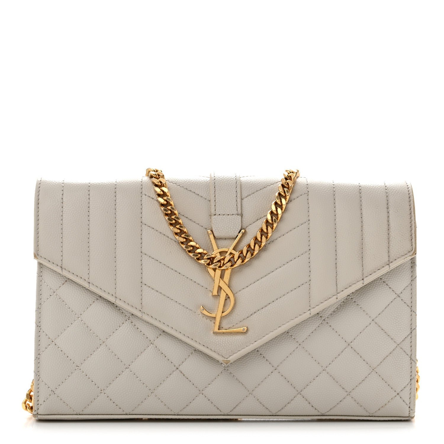 Saint Laurent Grain De Poudre Mixed Matelasse Triquilt Monogram Chain Wallet Crema Soft