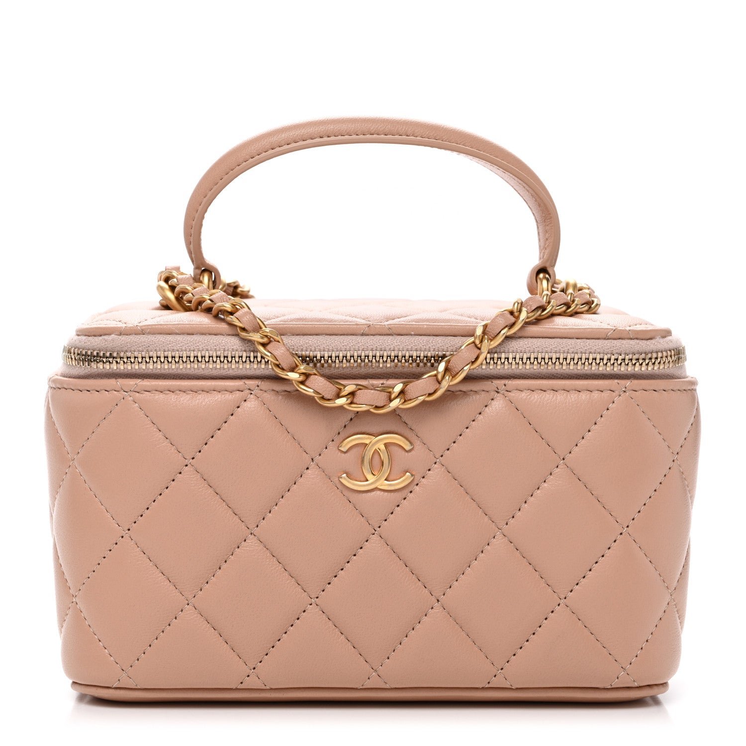 Chanel Lambskin Quilted Small Top Handle Vanity Case With Chain Beige