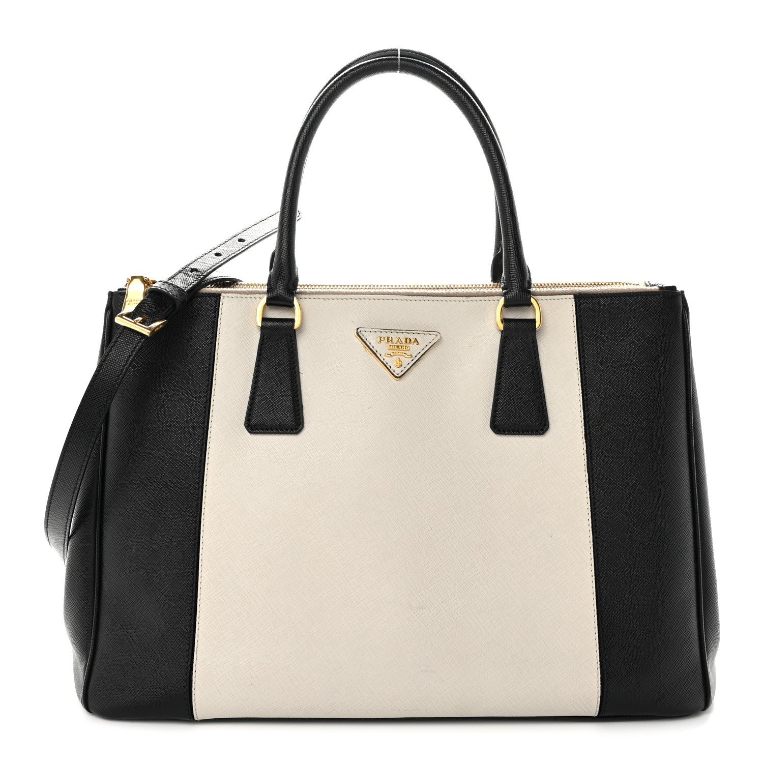 Prada Saffiano Lux Colorblock Medium Galleria Double Zip Tote Black Talco