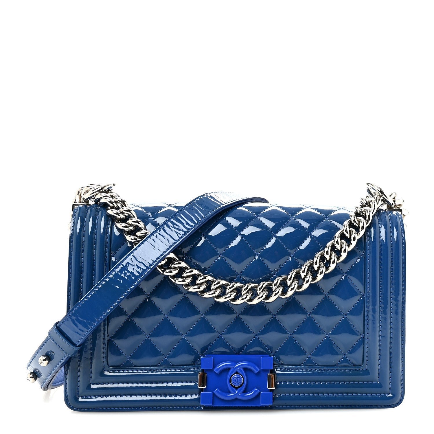 Chanel Patent Calfskin Quilted Medium Plexiglass Boy Flap Blue
