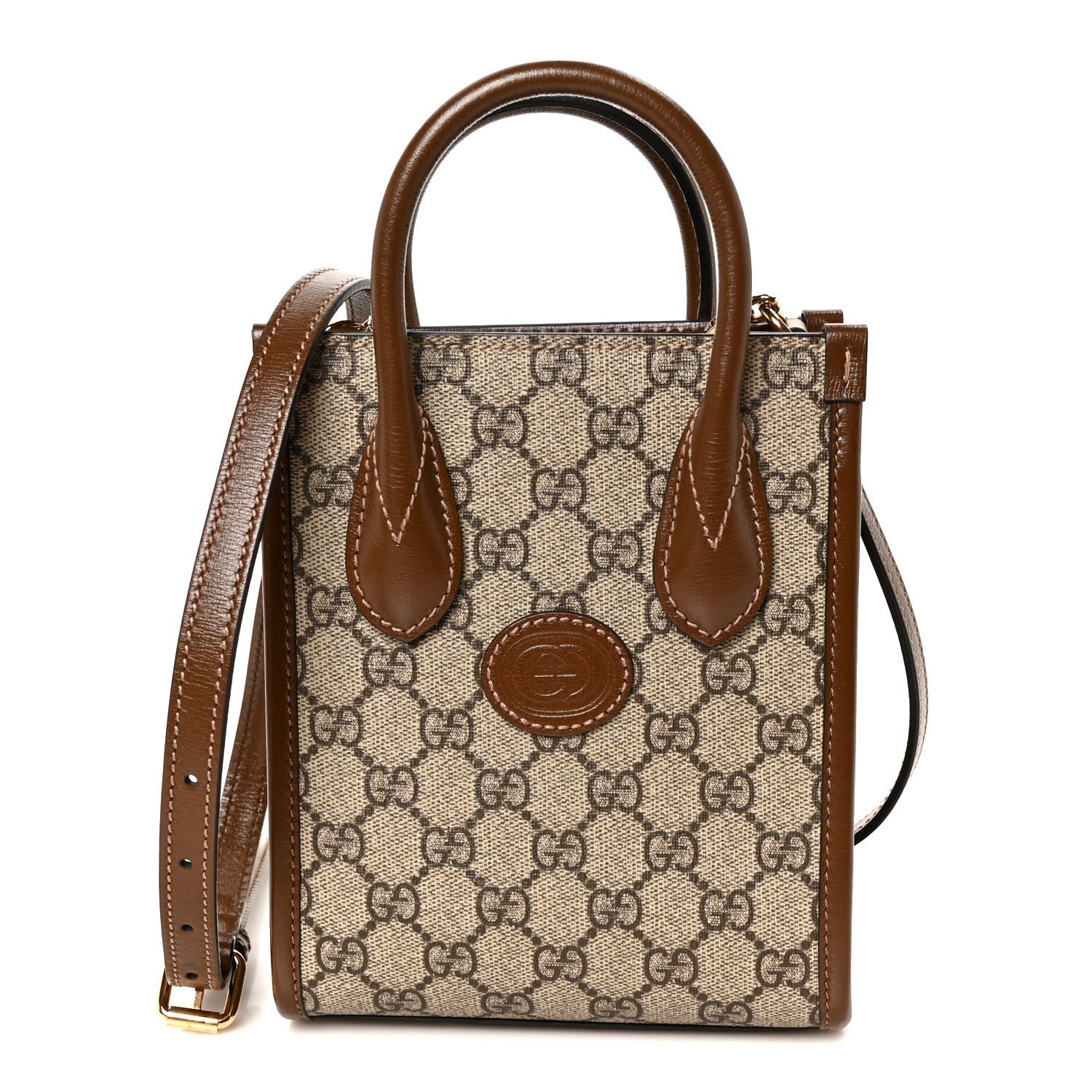 Gucci GG Supreme Monogram Azalea Calfskin Mini Retro Interlocking G Tote Bag Beige Ebony Brown Sugar