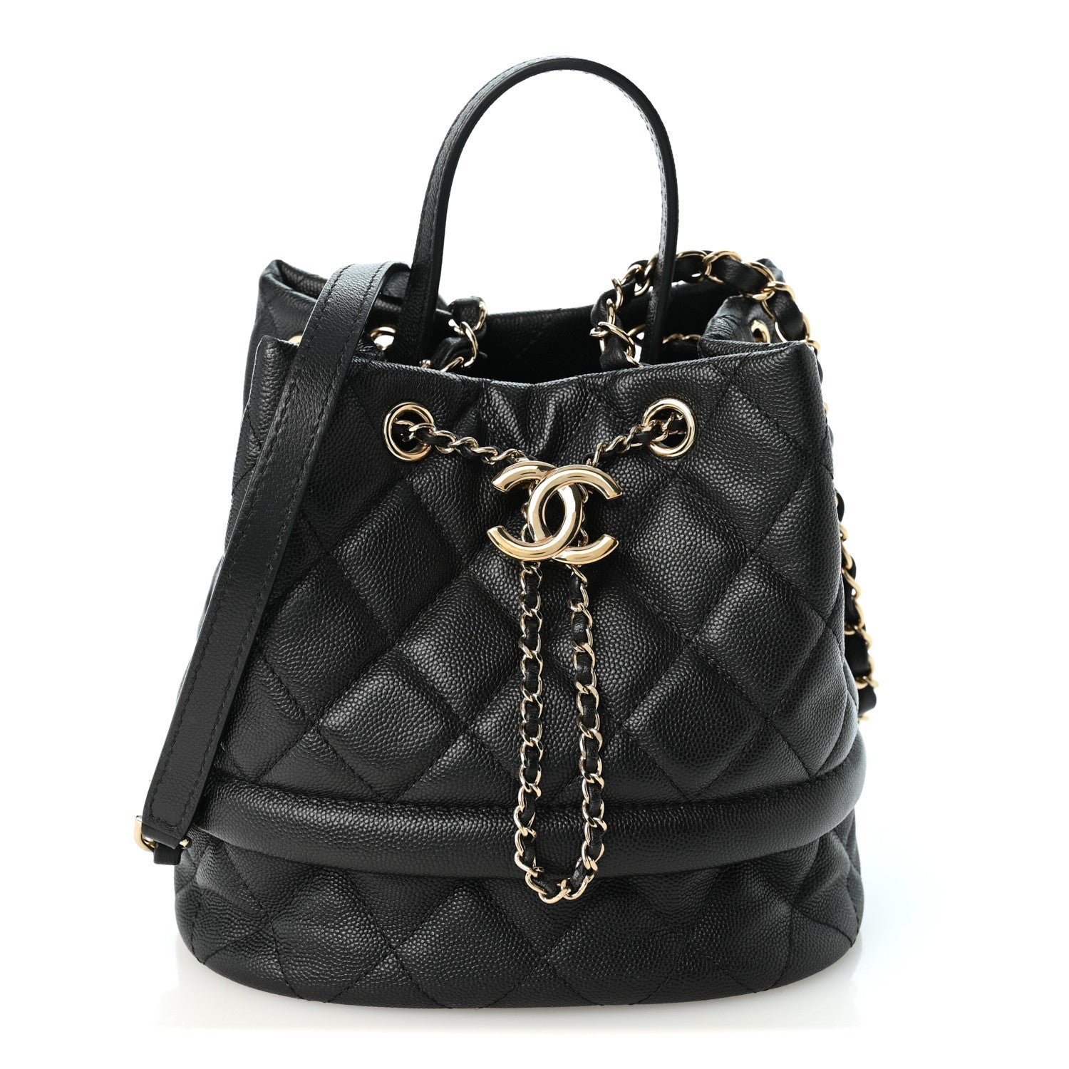 Chanel Caviar Quilted Rolled Up Bucket Drawstring Bag Black