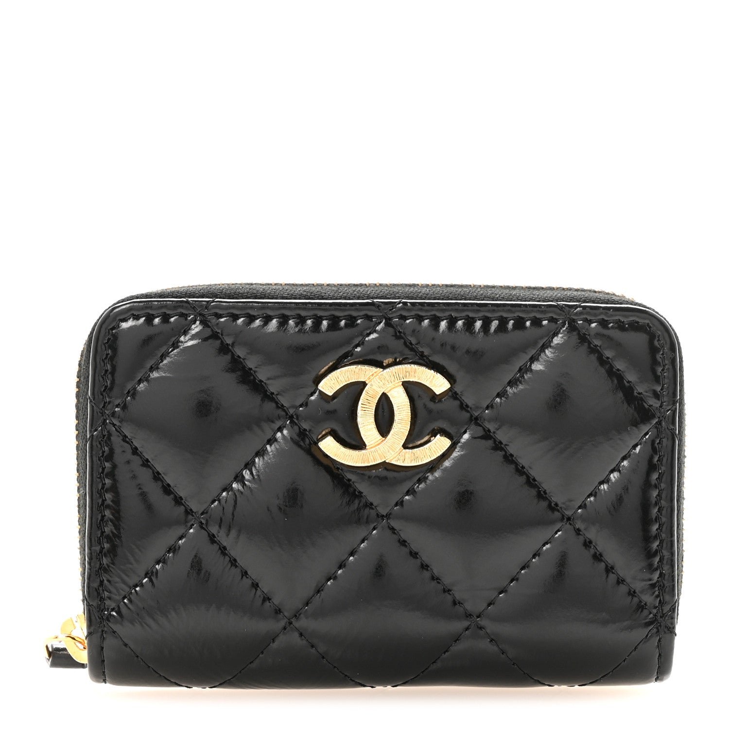 Chanel Shiny Lambskin Quilted Textured CC Zip Coin Purse Black