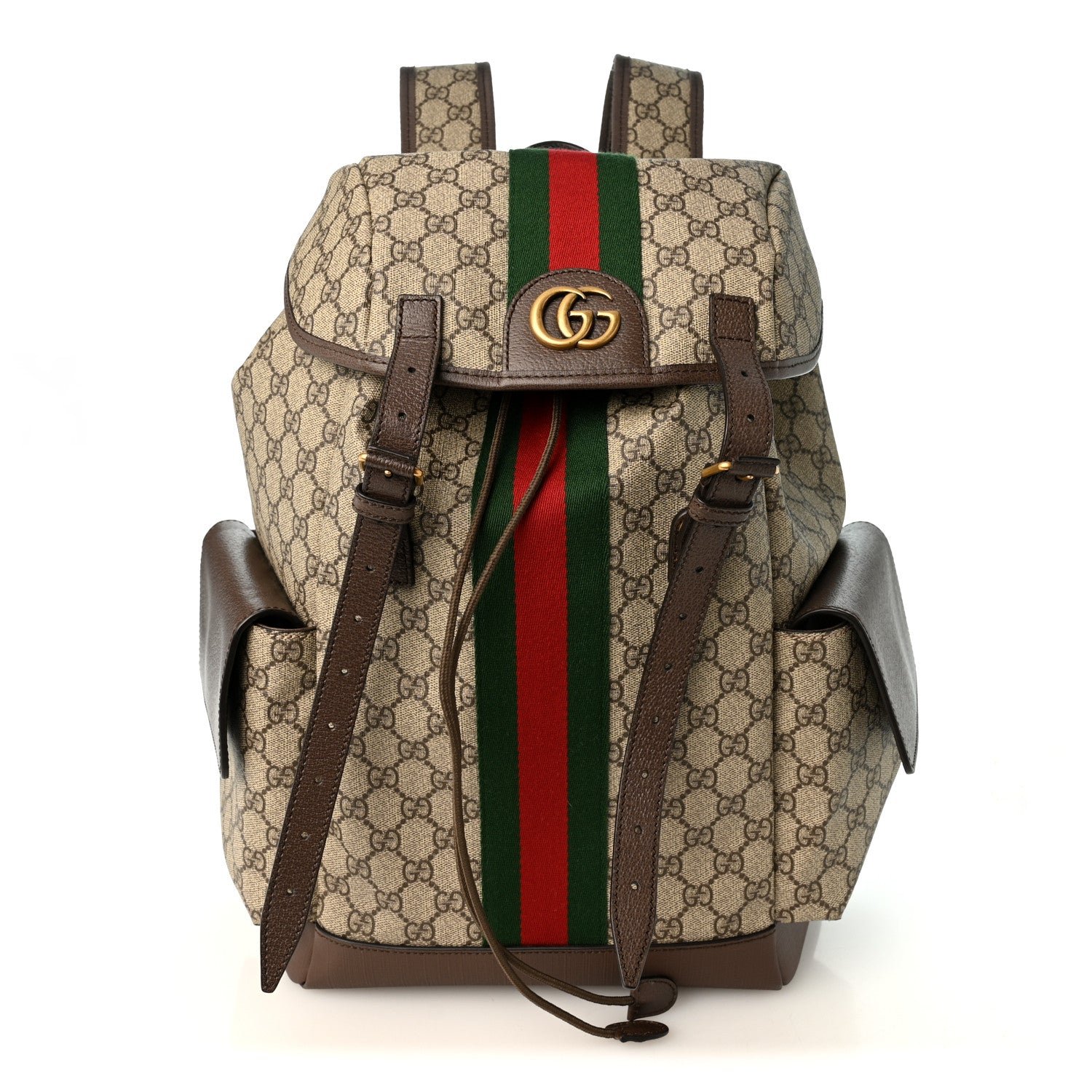 Gucci GG Supreme Monogram Medium Ophidia Double Buckle Backpack Brown