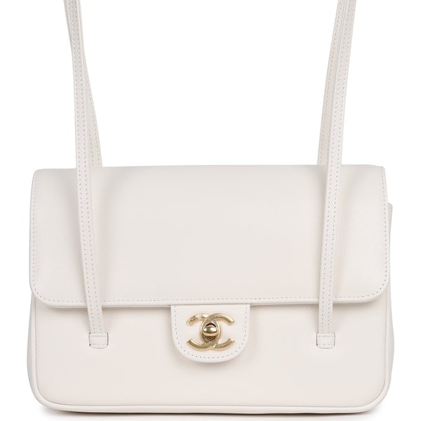 Chanel Small Preppy Coco Flap Bag White Shiny Caviar Brushed Gold Hardware
