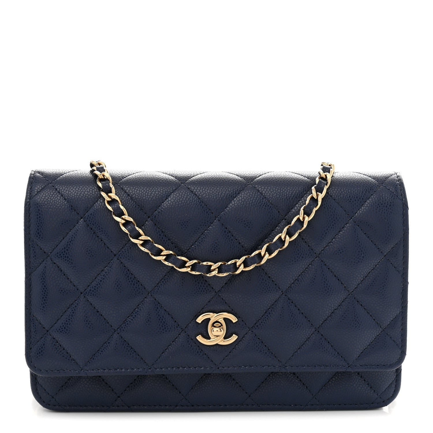 Chanel Caviar Quilted CC Turnlock Wallet On Chain WOC Navy Blue