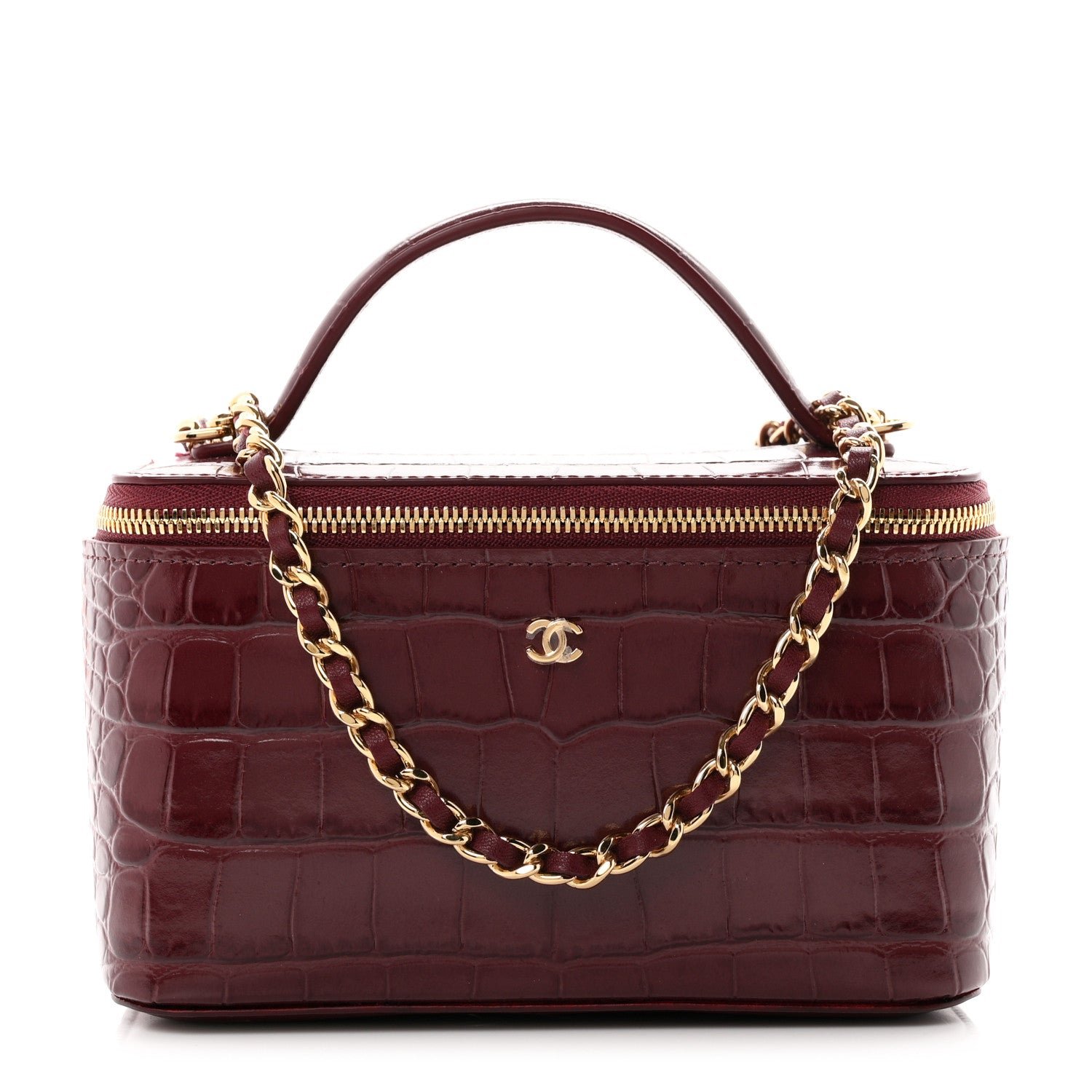 Chanel Calfskin Crocodile Embossed Crococo Small Top Handle Vanity Case With Chain Dark Burgundy