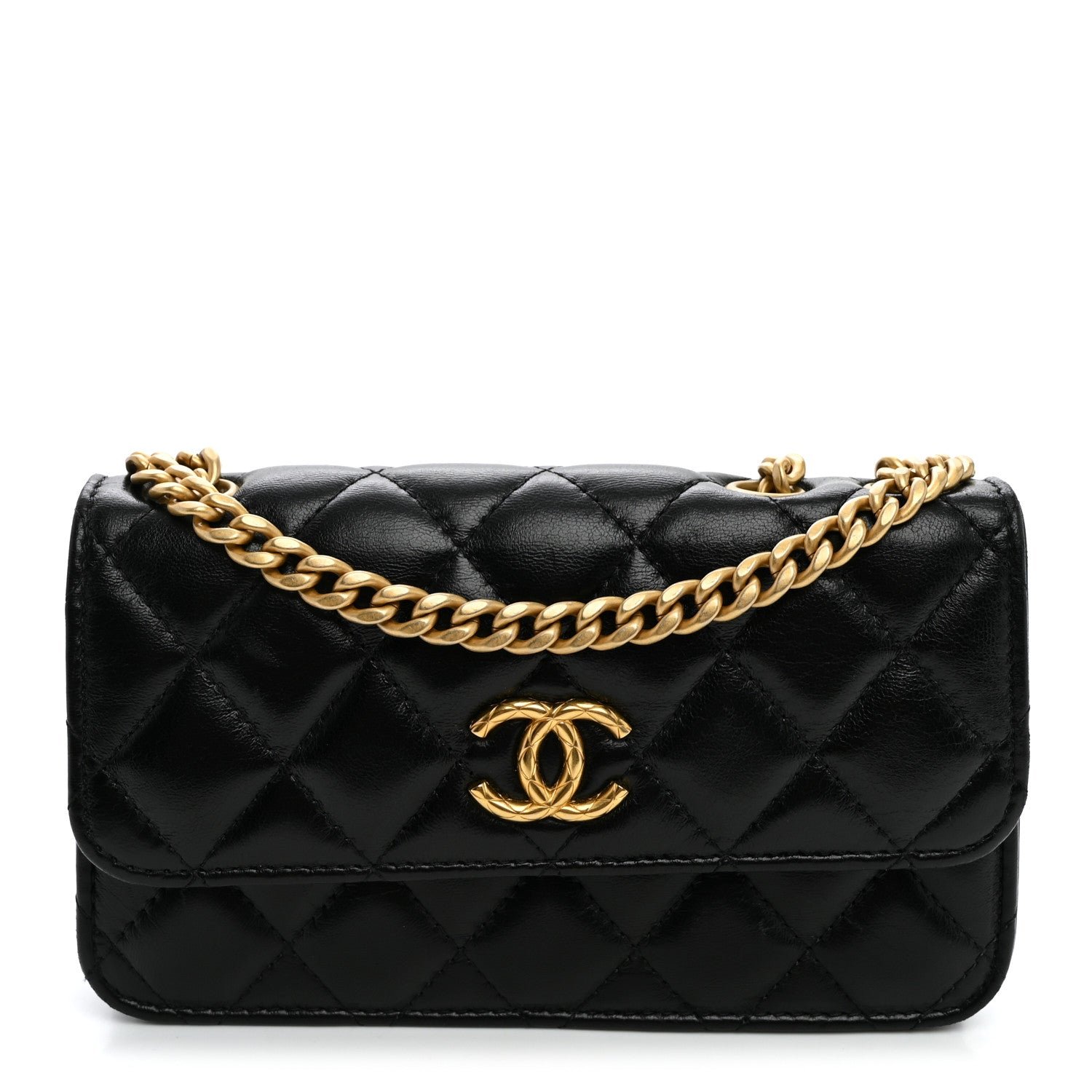 Chanel Lambskin Quilted Pillow Crush Flap Phone Holder With Chain Black