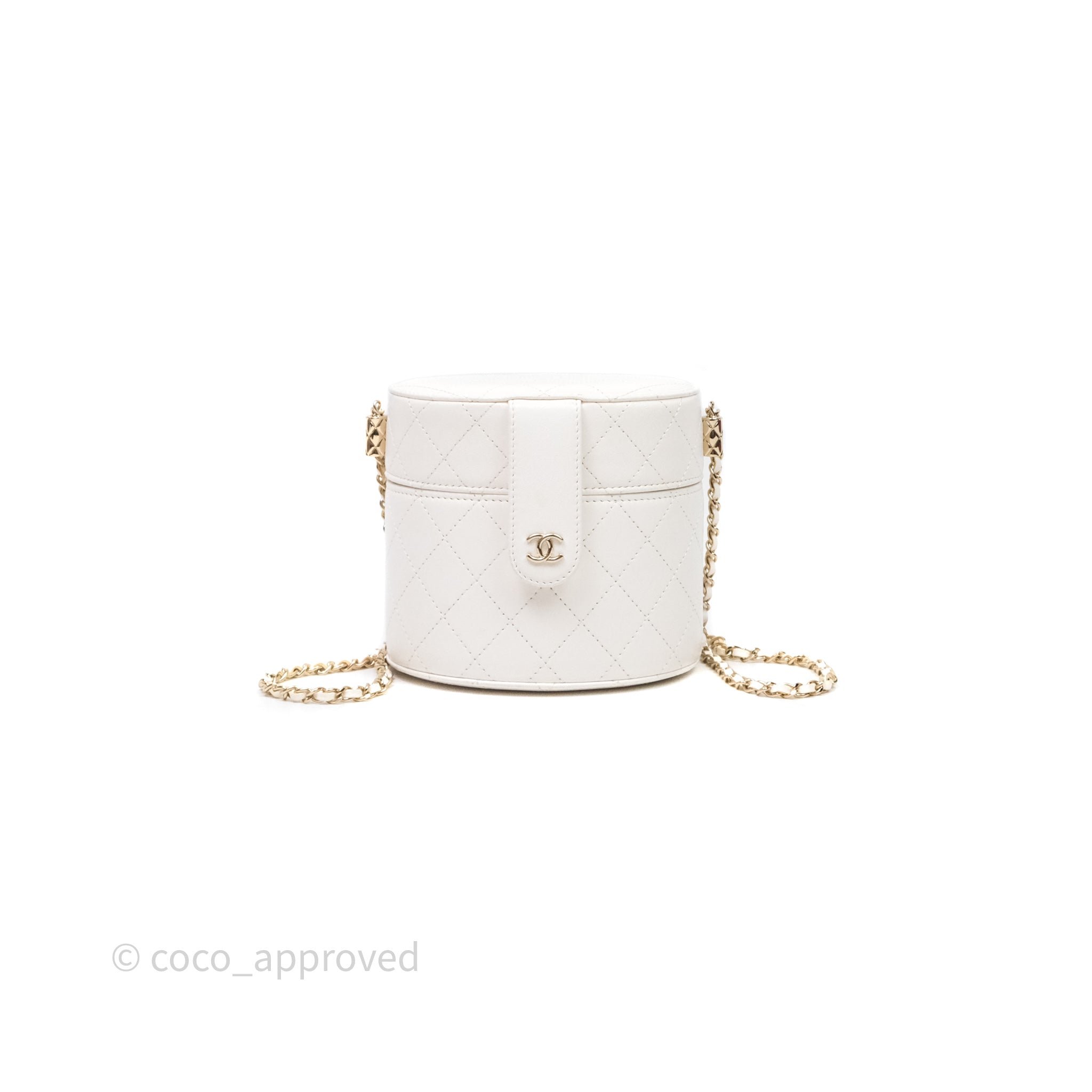 Chanel Quilted Round Vanity Clutch With Chain White Lambskin Gold Hardware