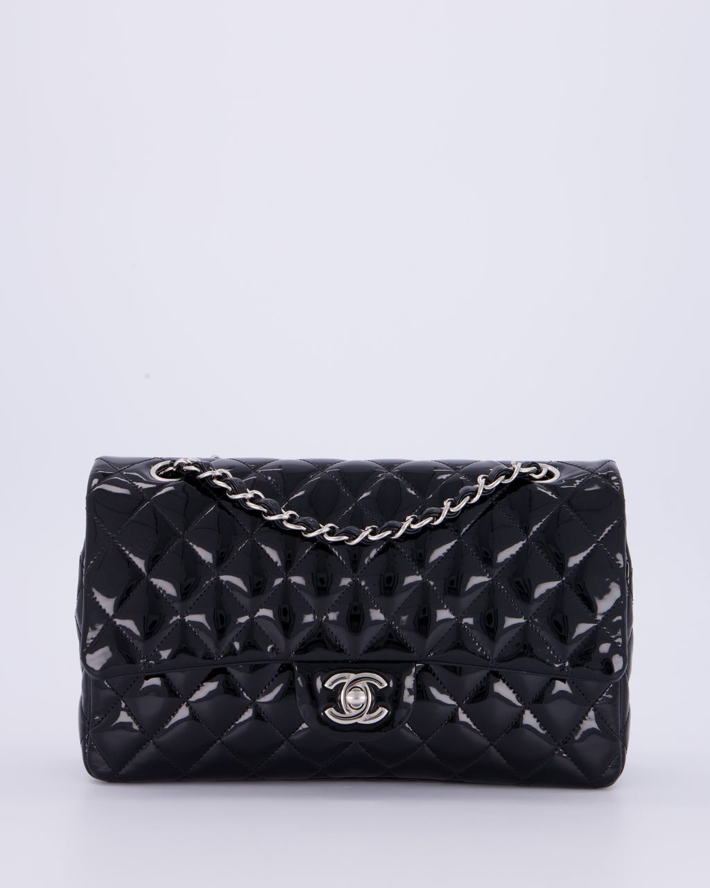 Chanel Medium Double Flap Bag in Black Patent Leather with Silver Hardware