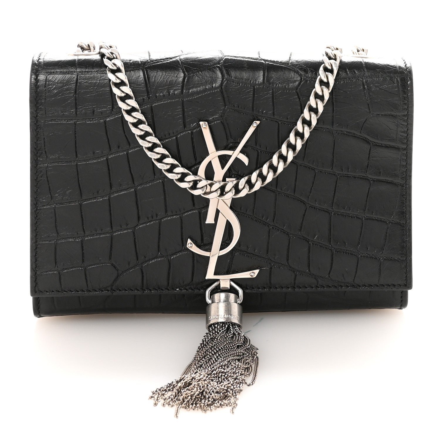Saint Laurent Calfskin Crocodile Embossed Small Classic Monogram Kate Tassel Satchel Black