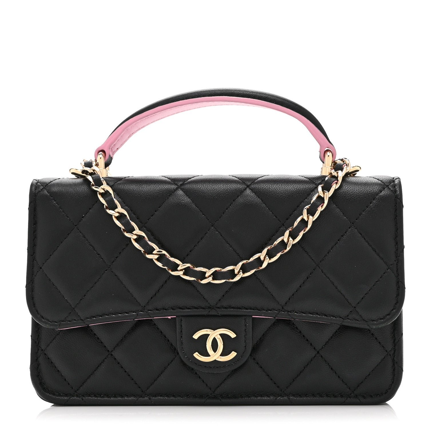 Chanel Lambskin Quilted Flap Phone Holder With Chain Black Lilac