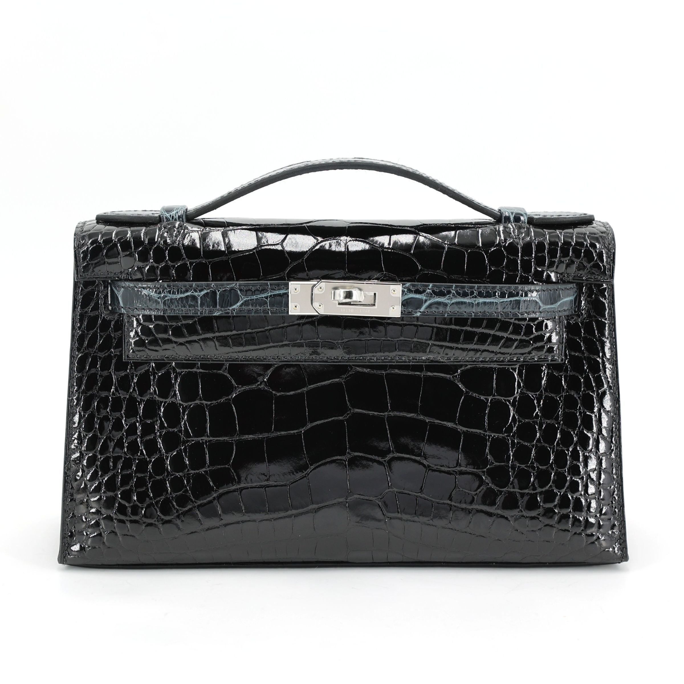 Hermes Brand New ( Rank N ) HERMÈS Special Order Kelly Pochette HSS Vert Rousseau (V0) Noir (89) Shiny Alligator Palladium hardware K (2025)