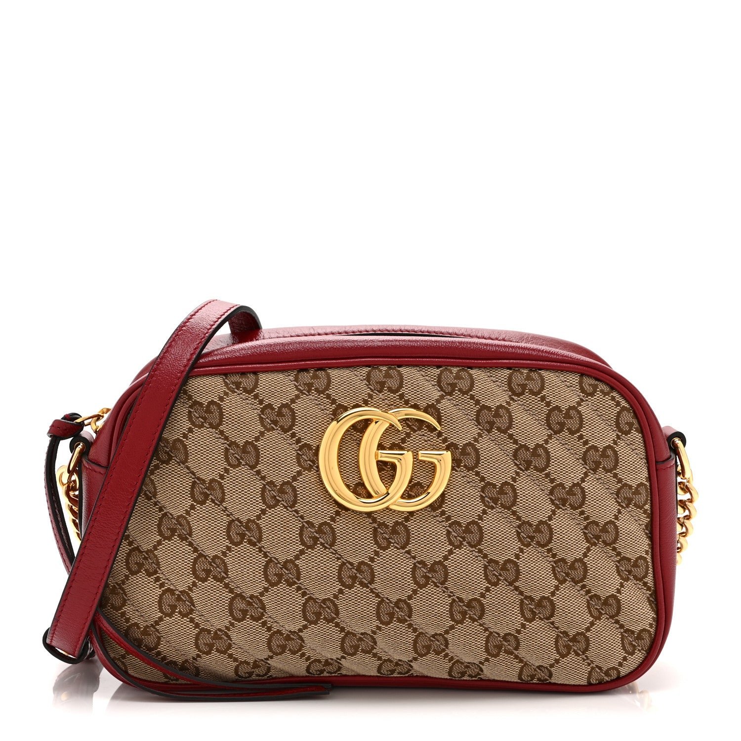 Gucci Monogram Azalea Calfskin Matelasse Diagonal Small GG Marmont Chain Shoulder Bag Beige Ebony New Cherry Red