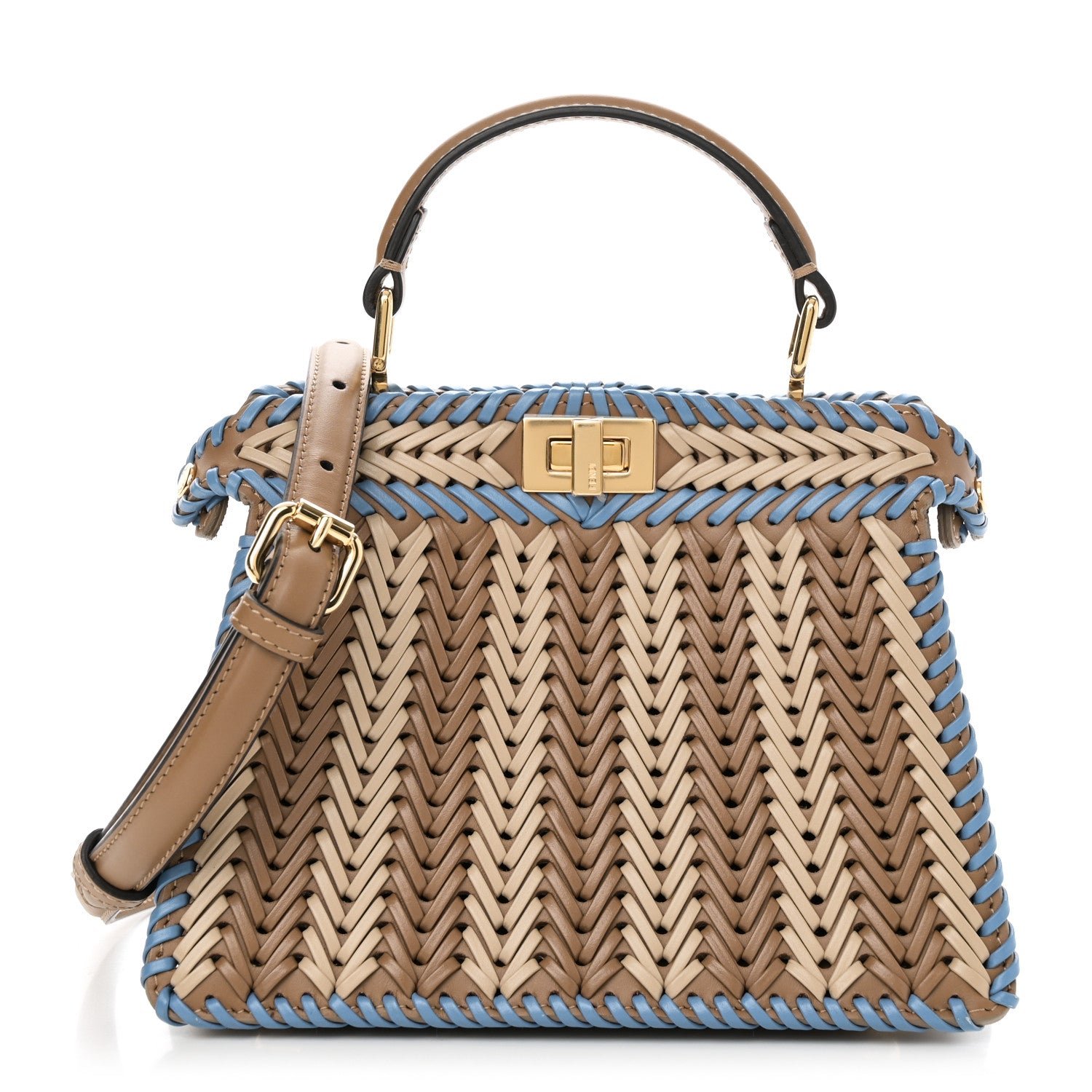 Fendi Vitello King Shiny Nappa Intreccio Petite Peekaboo I SEE U Satchel Sand Beige Blue
