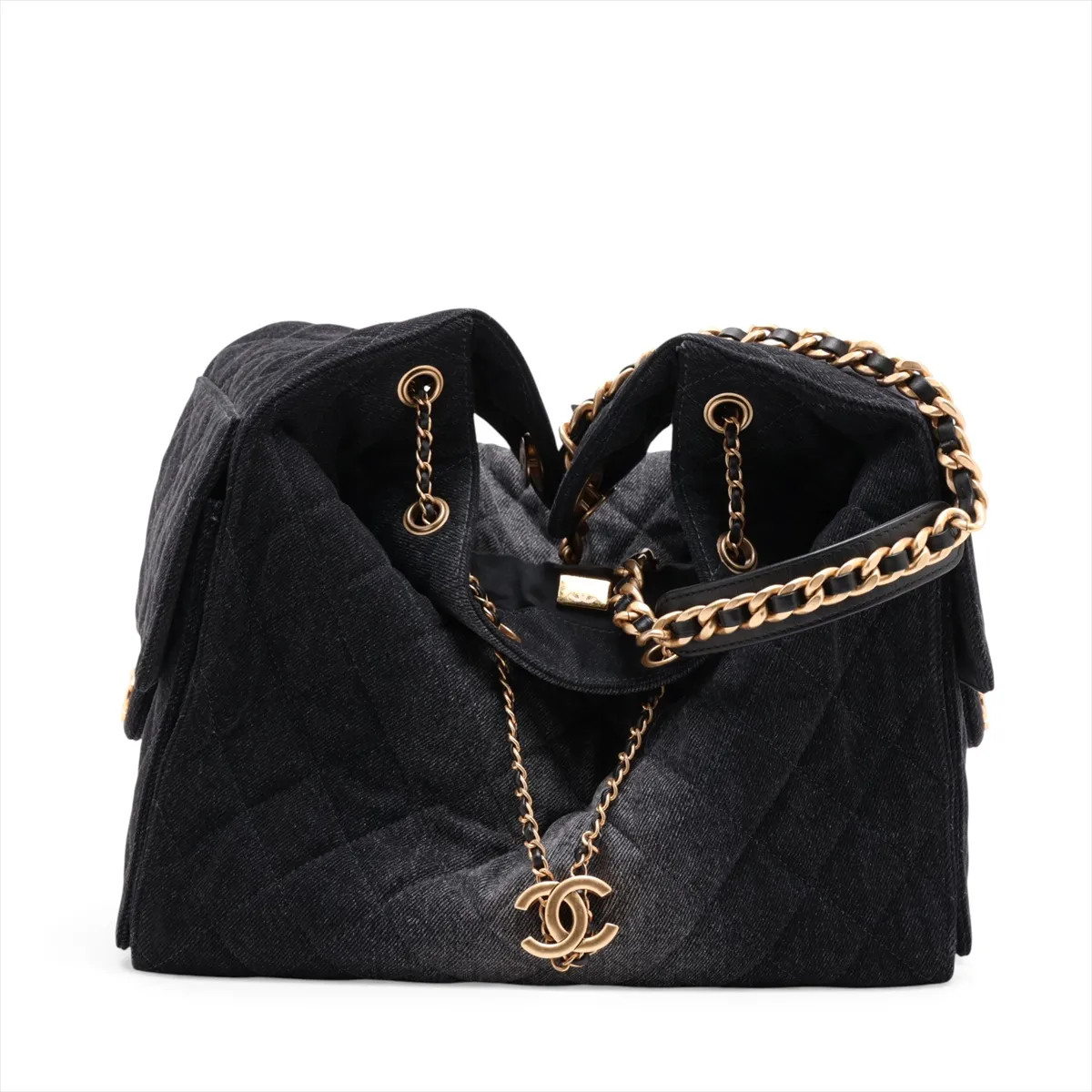 Chanel Chanel 25 Medium Denim Chain Shoulder Bag Black Gold Metal Fittings rando