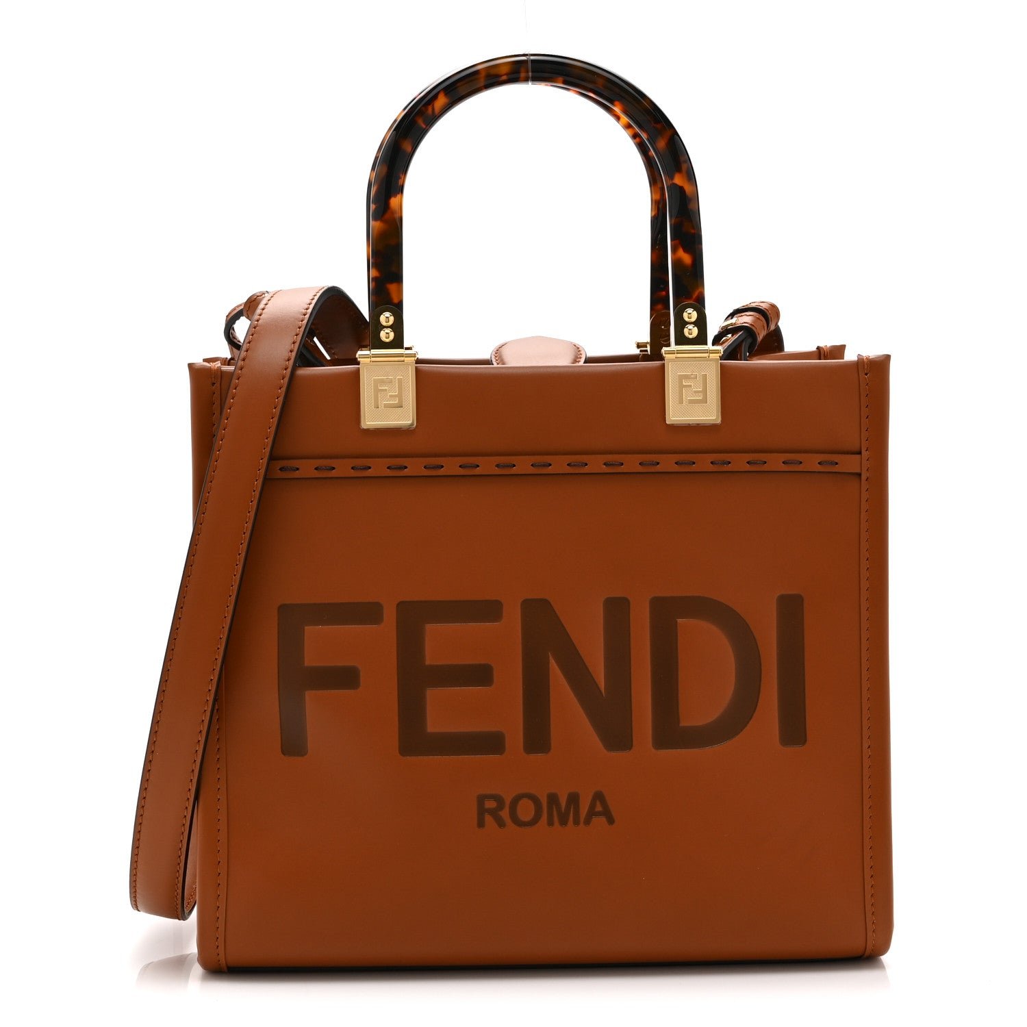 Fendi Vitello King Plexiglass Logo Embossed Small Fendi Sunshine Shopper Tote Cuoio